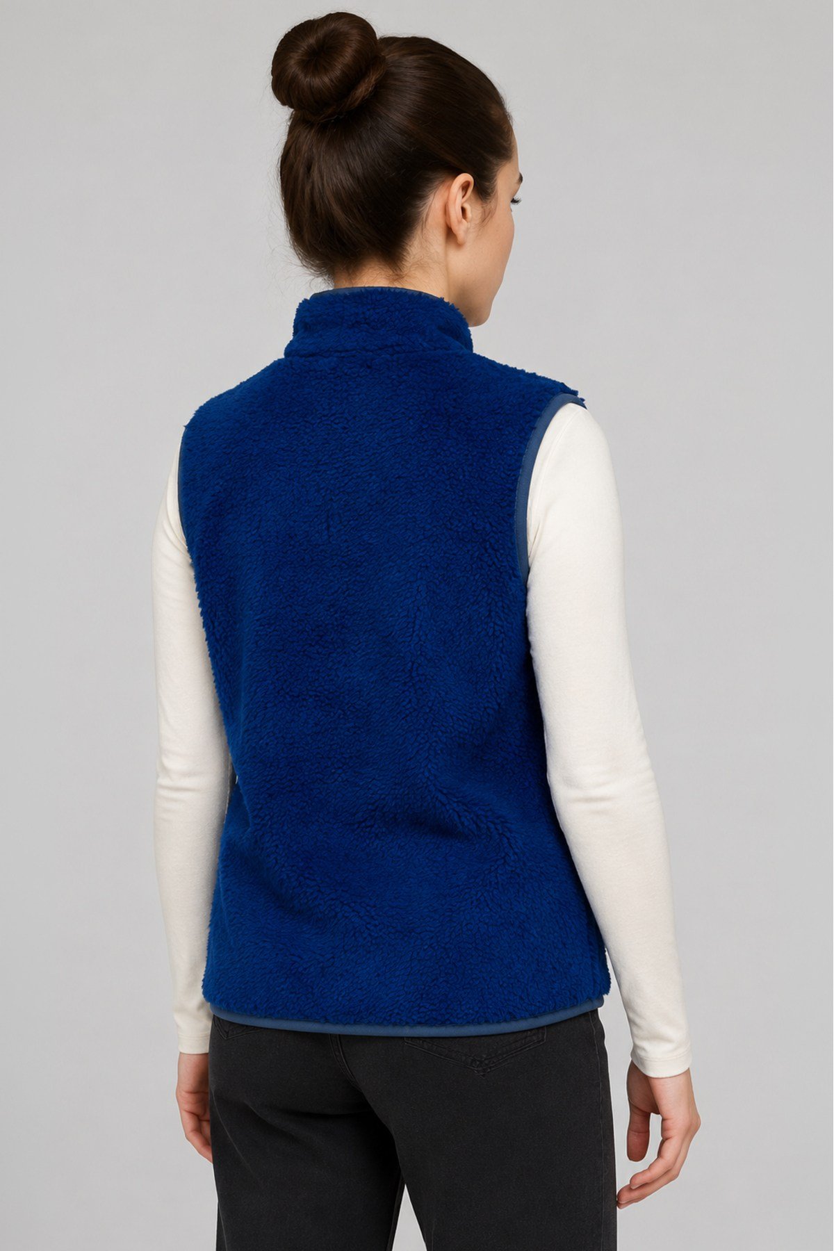 Unisex Saks Mavisi Düz Peluş Yelek – Dik Yaka, Fermuarlı, Kolsuz, Oversize