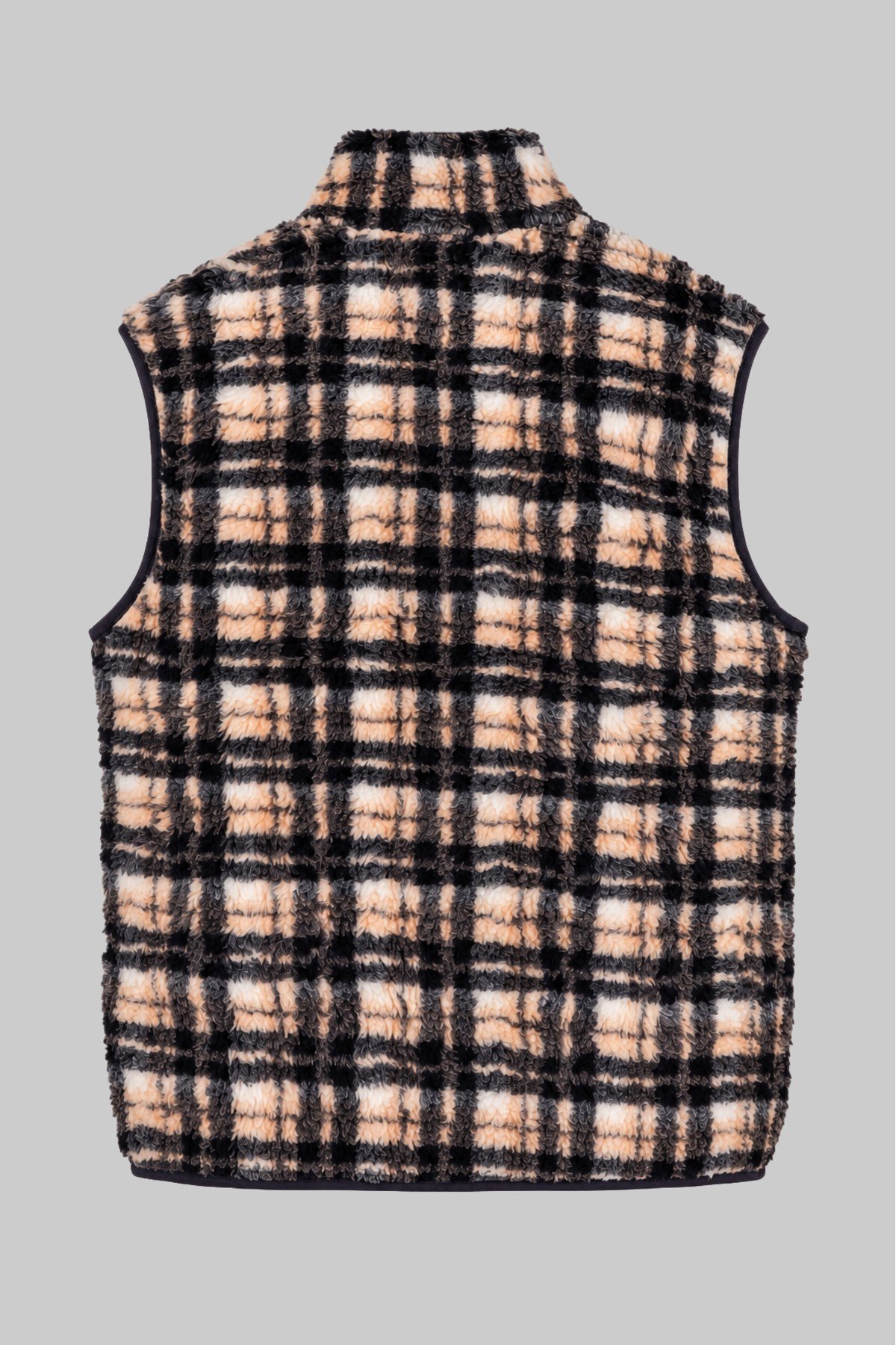 Unisex Siyah Bej Ekru Ekose Desenli Peluş Yelek – Dik Yaka, Fermuarlı, Kolsuz, Oversize
