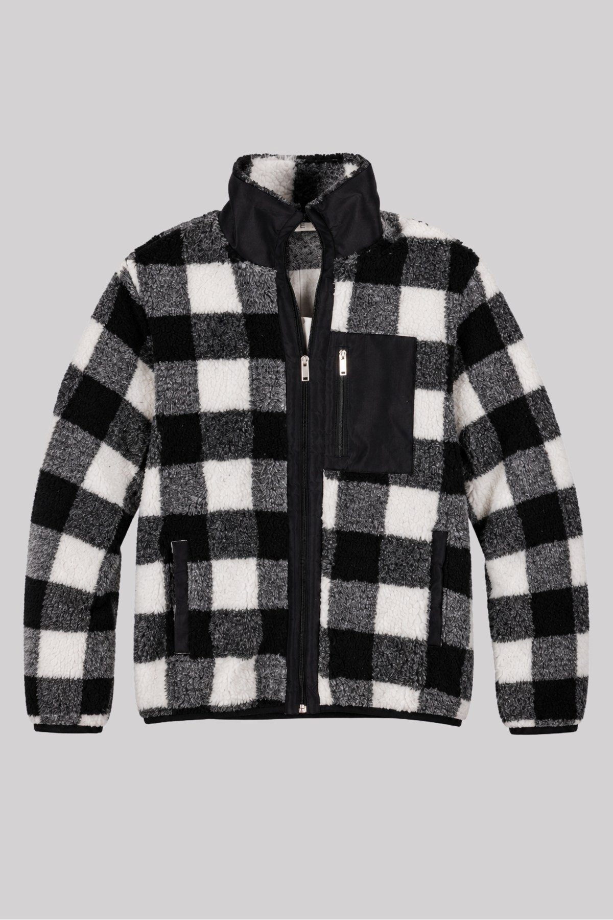Unisex Siyah Beyaz Kareli Peluş Ceket – Dik Yaka, Fermuarlı, Cepli