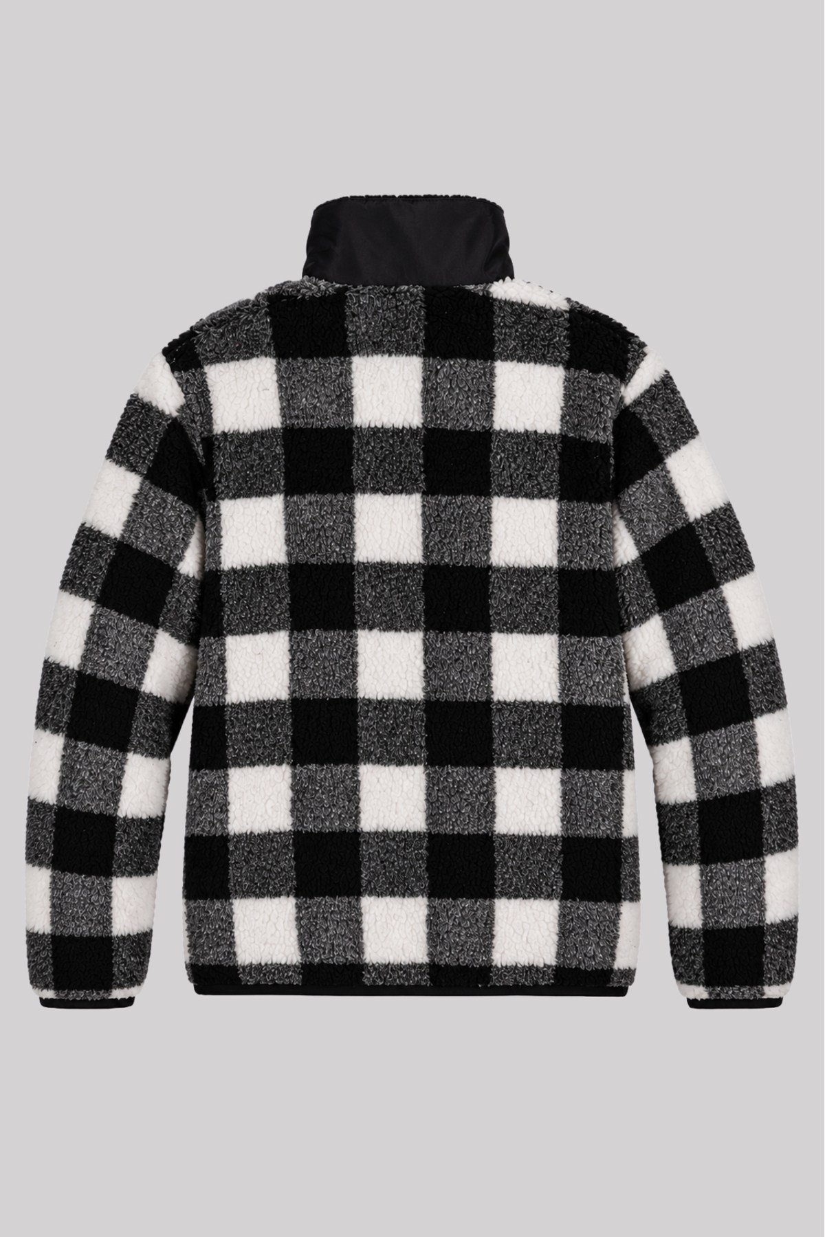 Unisex Siyah Beyaz Kareli Peluş Ceket – Dik Yaka, Fermuarlı, Cepli