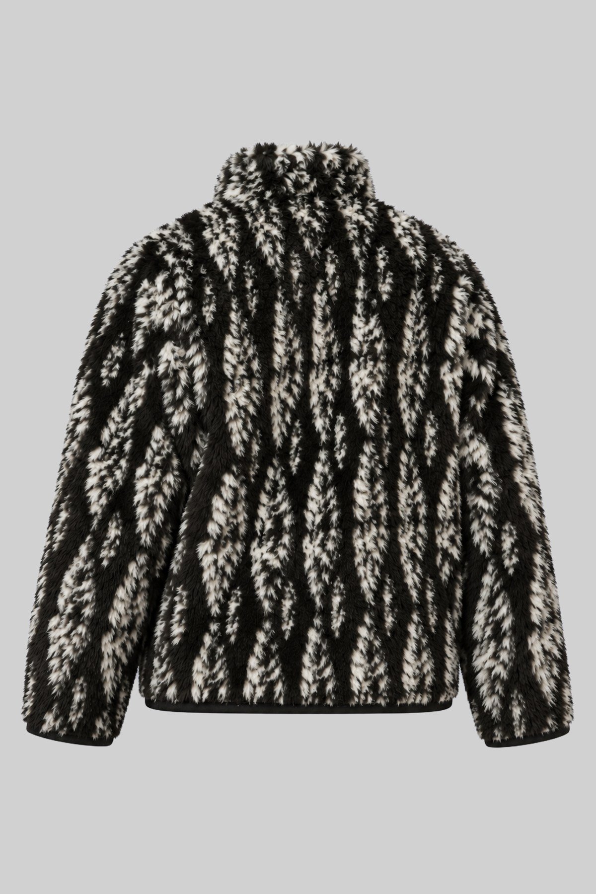 Unisex Siyah Beyaz Soyut Desenli Peluş Ceket – Dik Yaka, Fermuarlı, Uzun Kollu