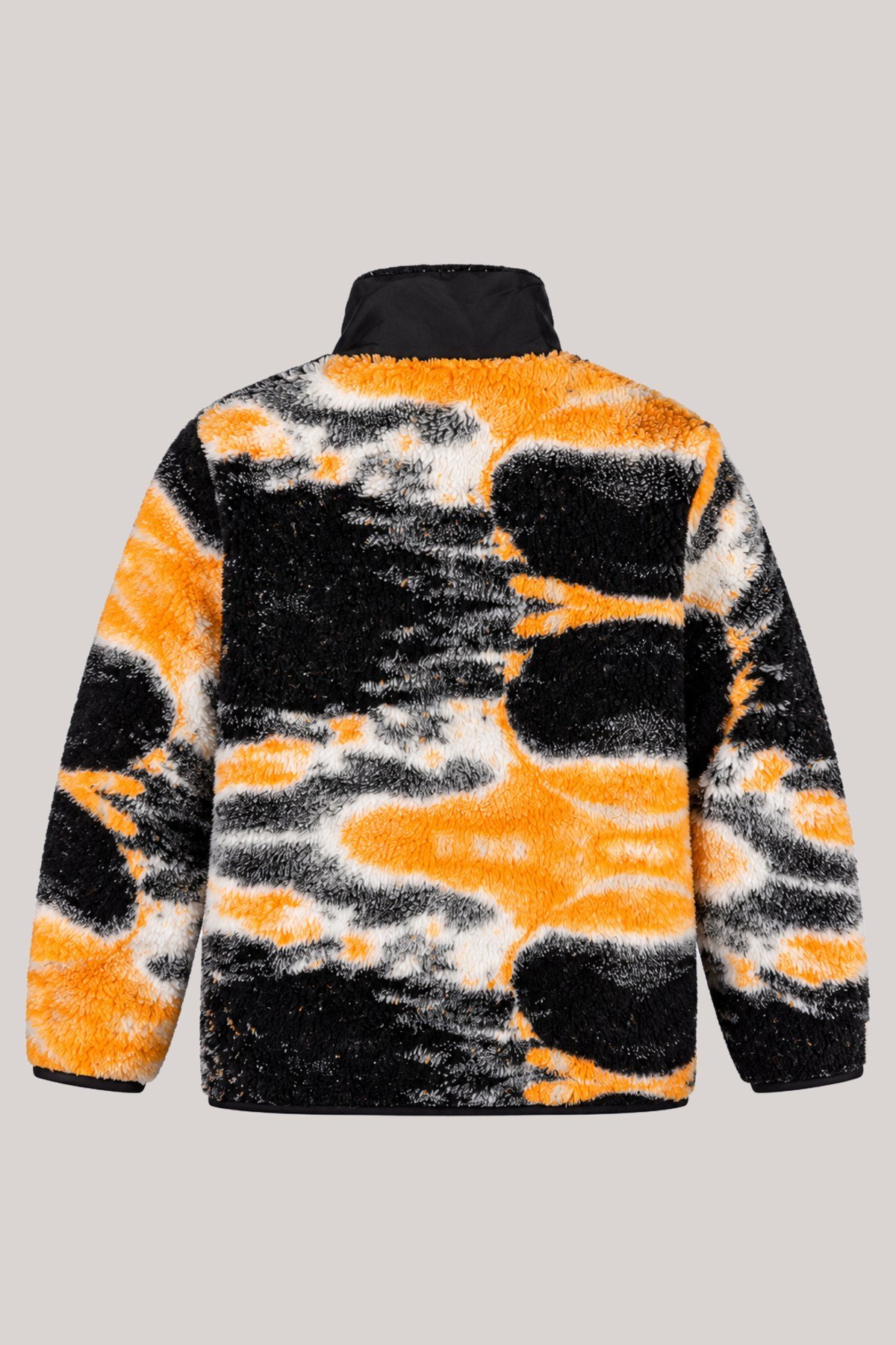 Unisex Siyah Beyaz Turuncu Batik Desenli Peluş Mont – Dik Yaka, Fermuarlı Boyunluk, Çok Cepli, Oversize