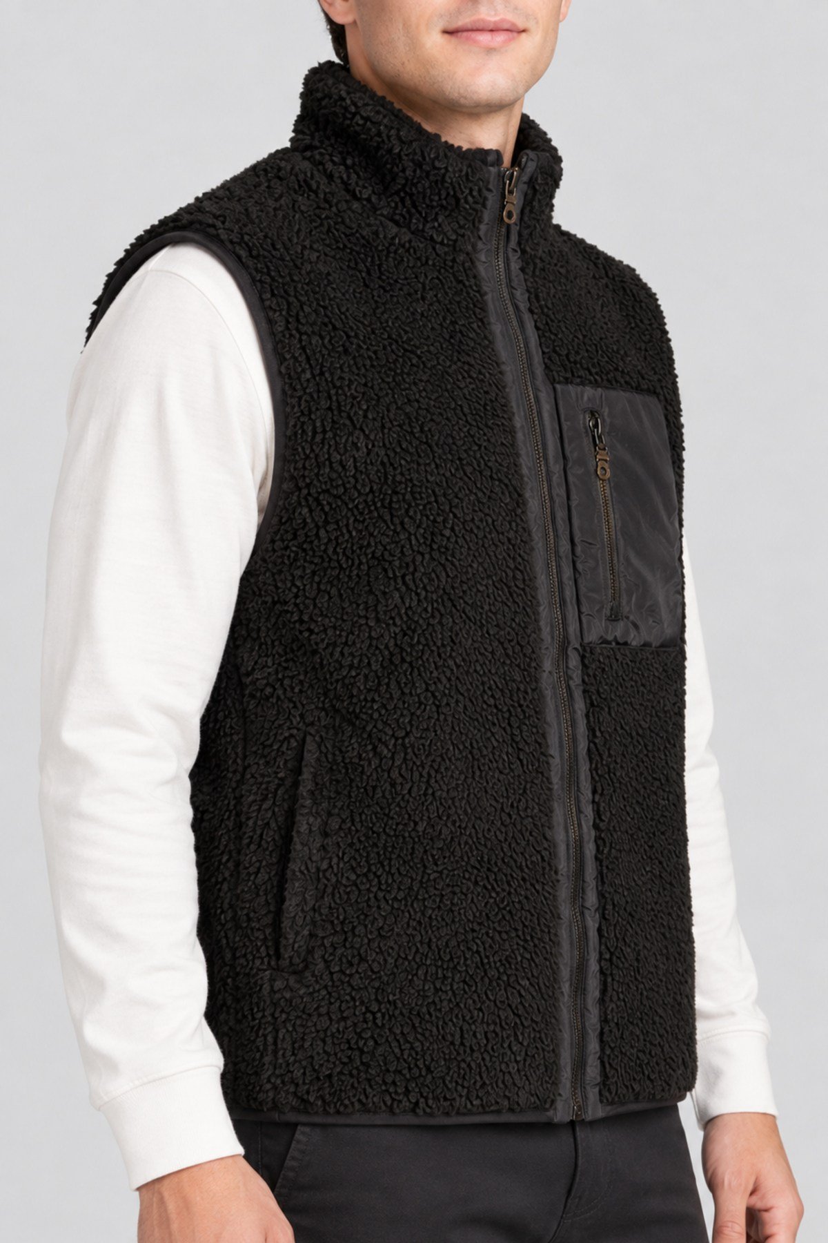 Unisex Siyah Düz Peluş Yelek – Dik Yaka, Fermuarlı, Kolsuz, Oversize