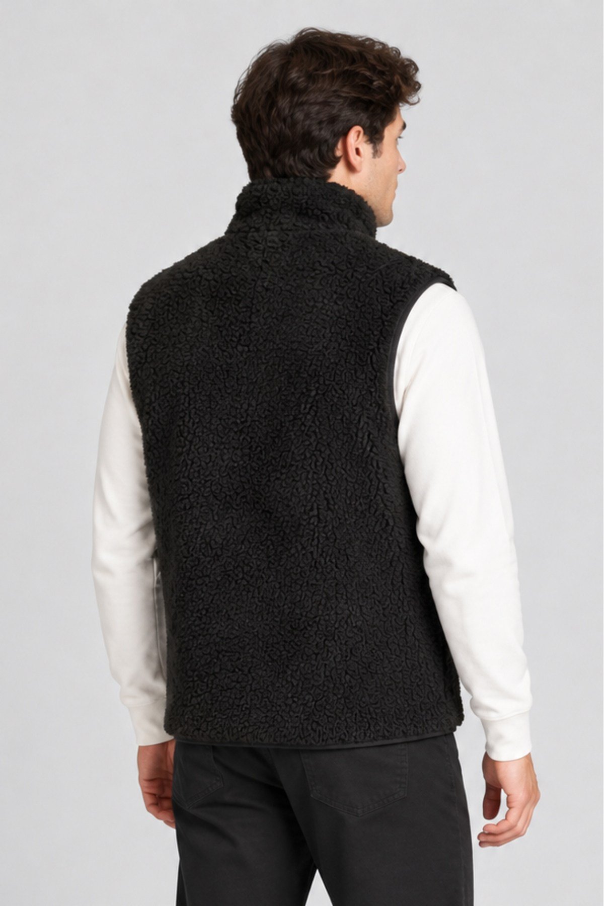 Unisex Siyah Düz Peluş Yelek – Dik Yaka, Fermuarlı, Kolsuz, Oversize