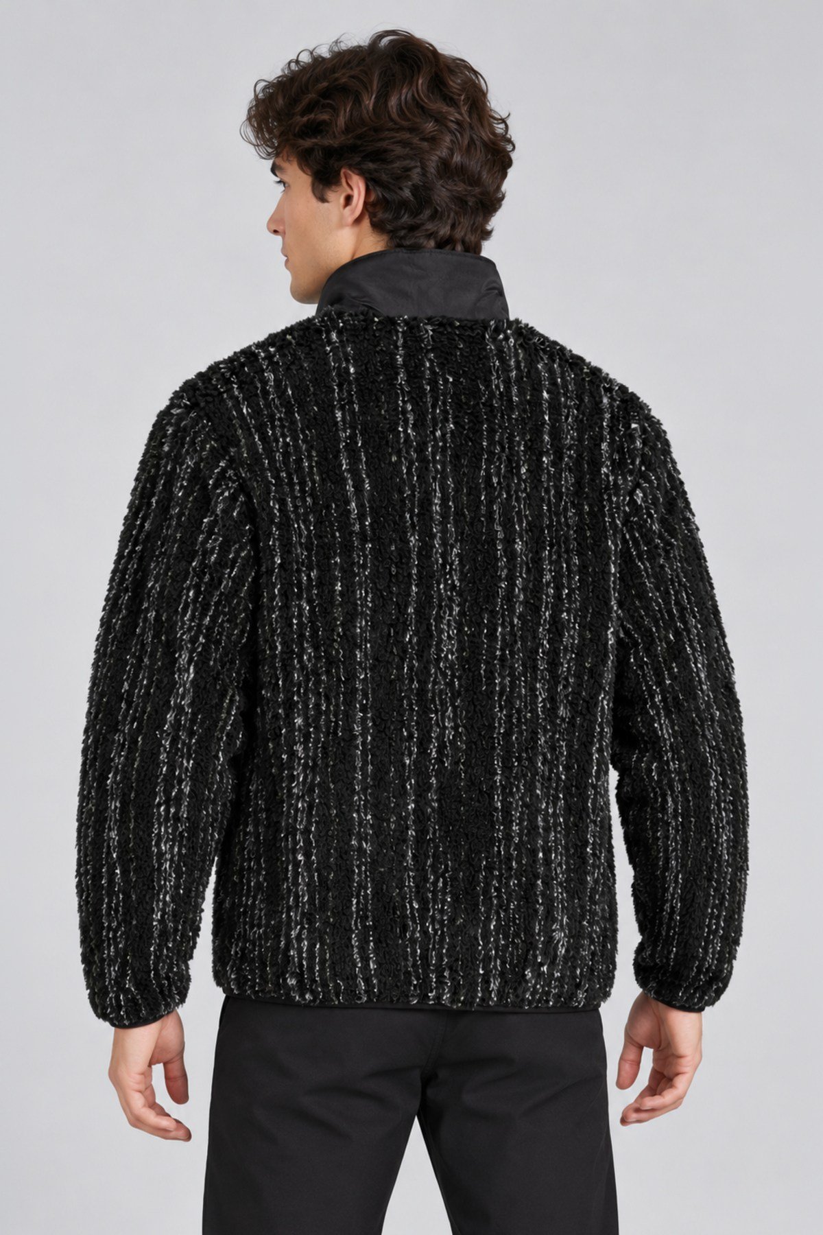 Unisex Siyah Gri Melanj Kanal Dokulu Peluş Mont – Dik Yaka, Fermuarlı Boyunluk, Çok Cepli, Oversize