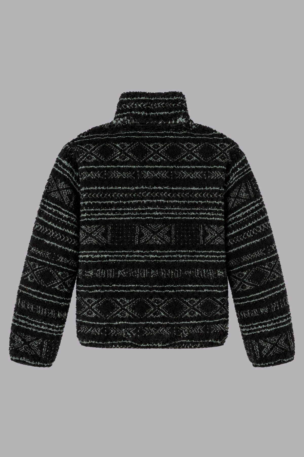 Unisex Siyah Mint Yeşili Etnik Desenli Peluş Mont – Dik Yaka, Fermuarlı, Oversize