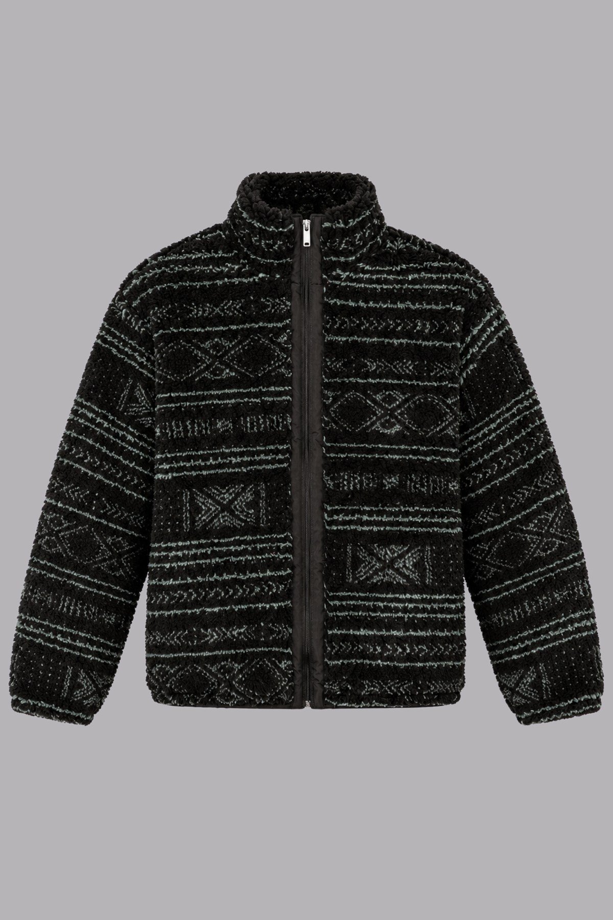 Unisex Siyah Mint Yeşili Etnik Desenli Peluş Mont – Dik Yaka, Fermuarlı, Oversize