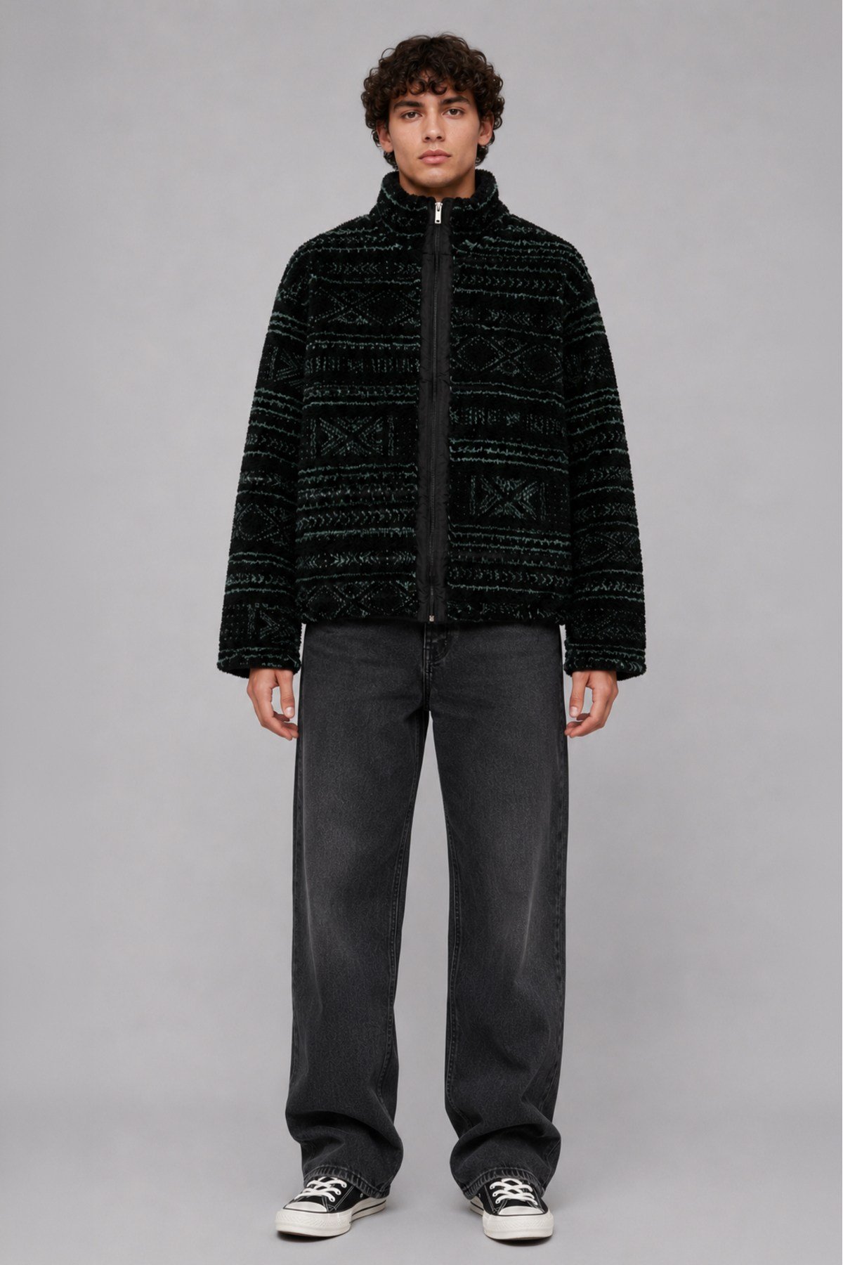 Unisex Siyah Mint Yeşili Etnik Desenli Peluş Mont – Dik Yaka, Fermuarlı, Oversize