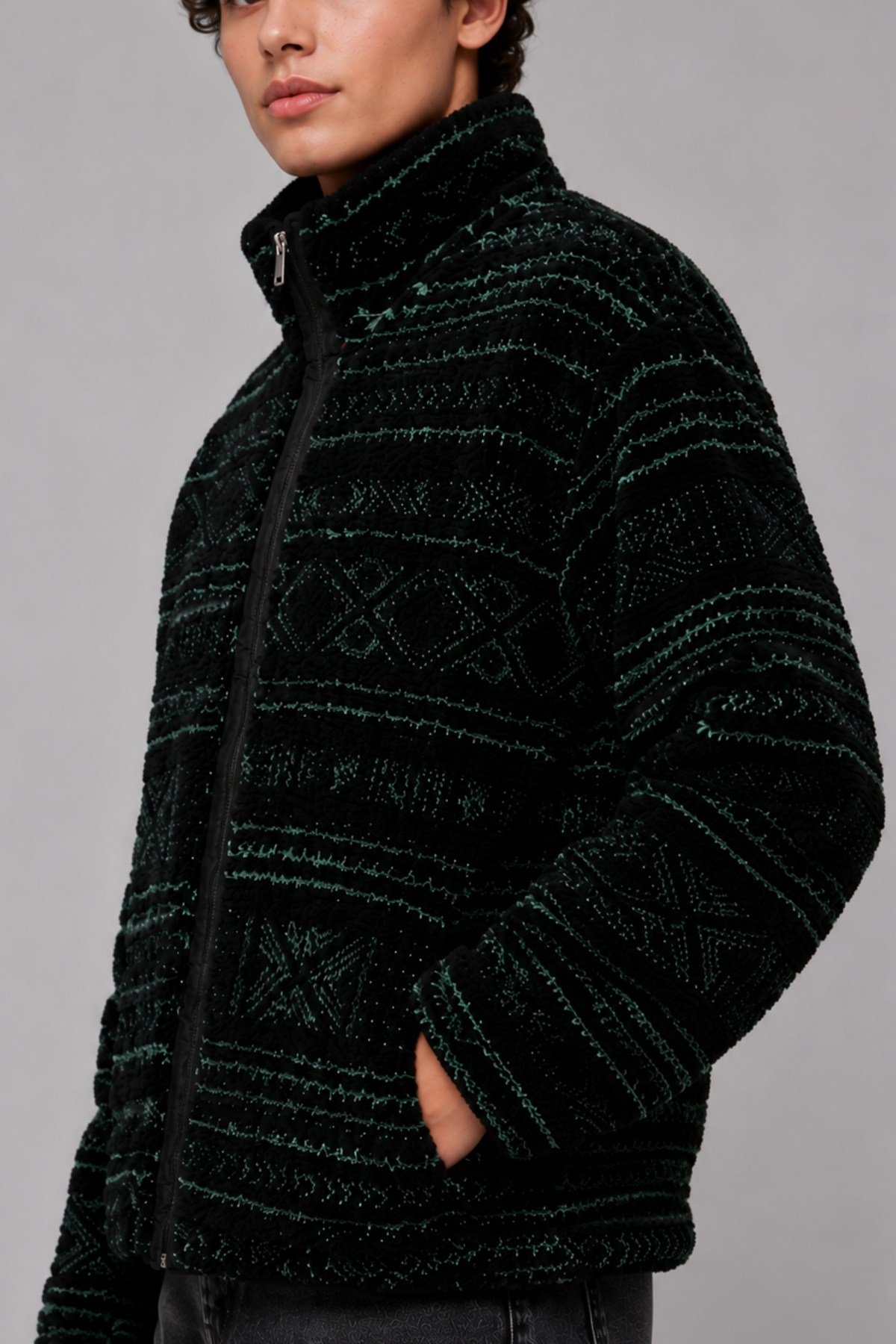 Unisex Siyah Mint Yeşili Etnik Desenli Peluş Mont – Dik Yaka, Fermuarlı, Oversize