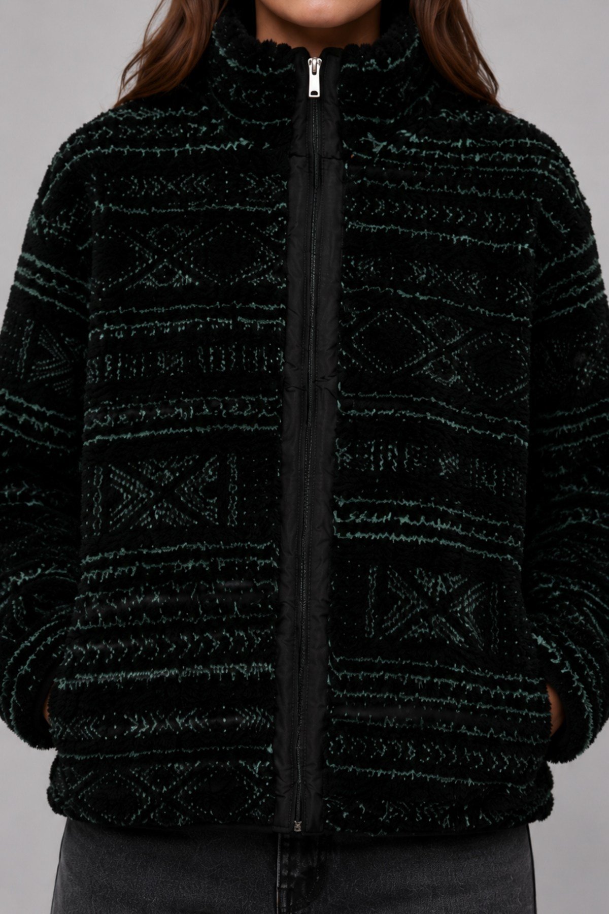 Unisex Siyah Mint Yeşili Etnik Desenli Peluş Mont – Dik Yaka, Fermuarlı, Oversize