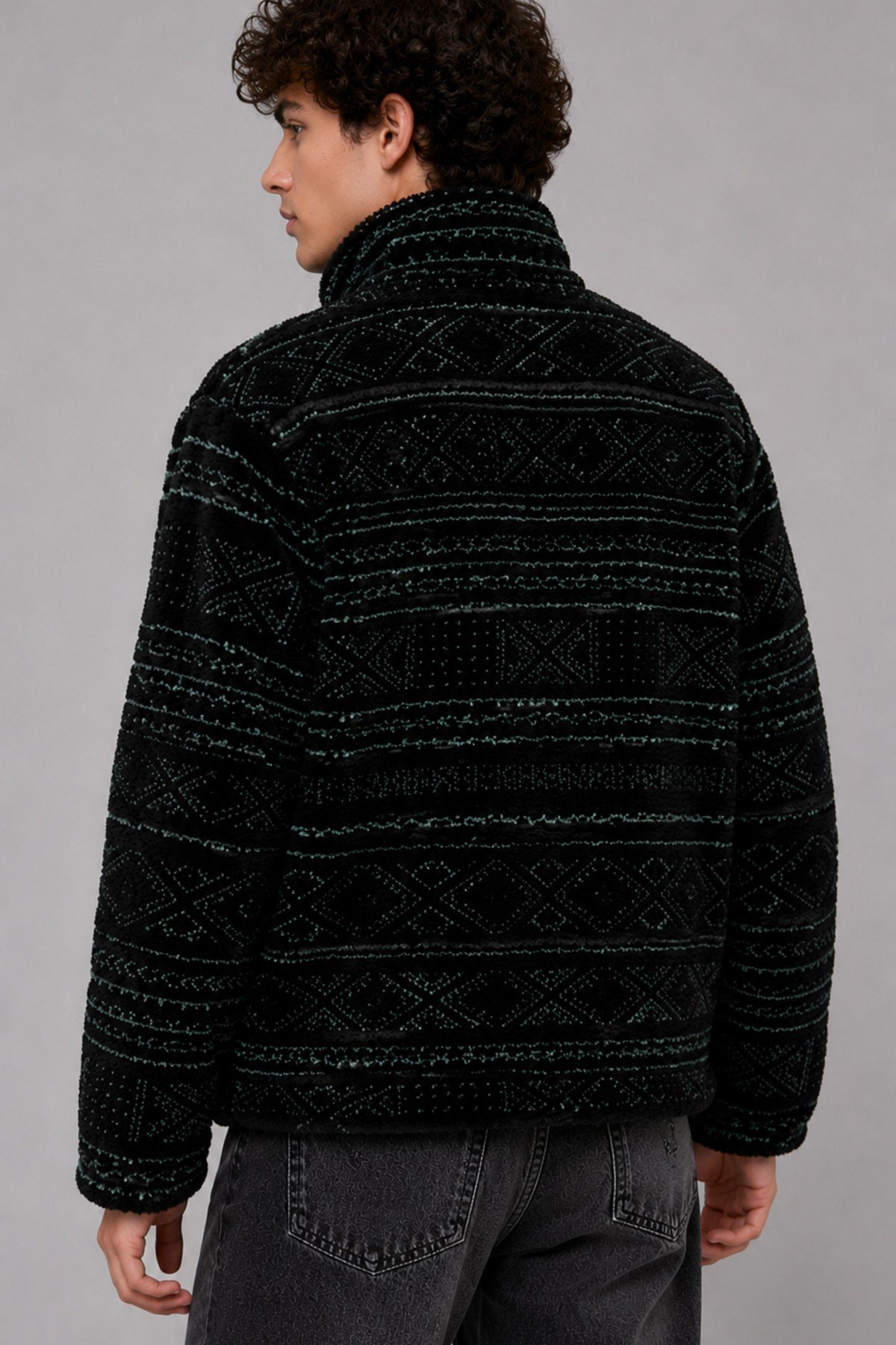 Unisex Siyah Mint Yeşili Etnik Desenli Peluş Mont – Dik Yaka, Fermuarlı, Oversize