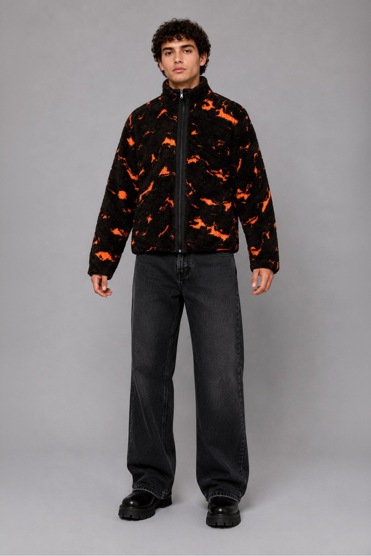 Unisex Siyah Neon Turuncu Soyut Desenli Peluş Mont – Dik Yaka, Fermuarlı, Oversize
