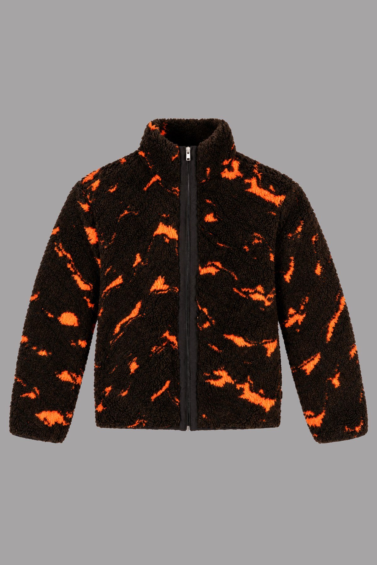Unisex Siyah Neon Turuncu Soyut Desenli Peluş Mont – Dik Yaka, Fermuarlı, Oversize