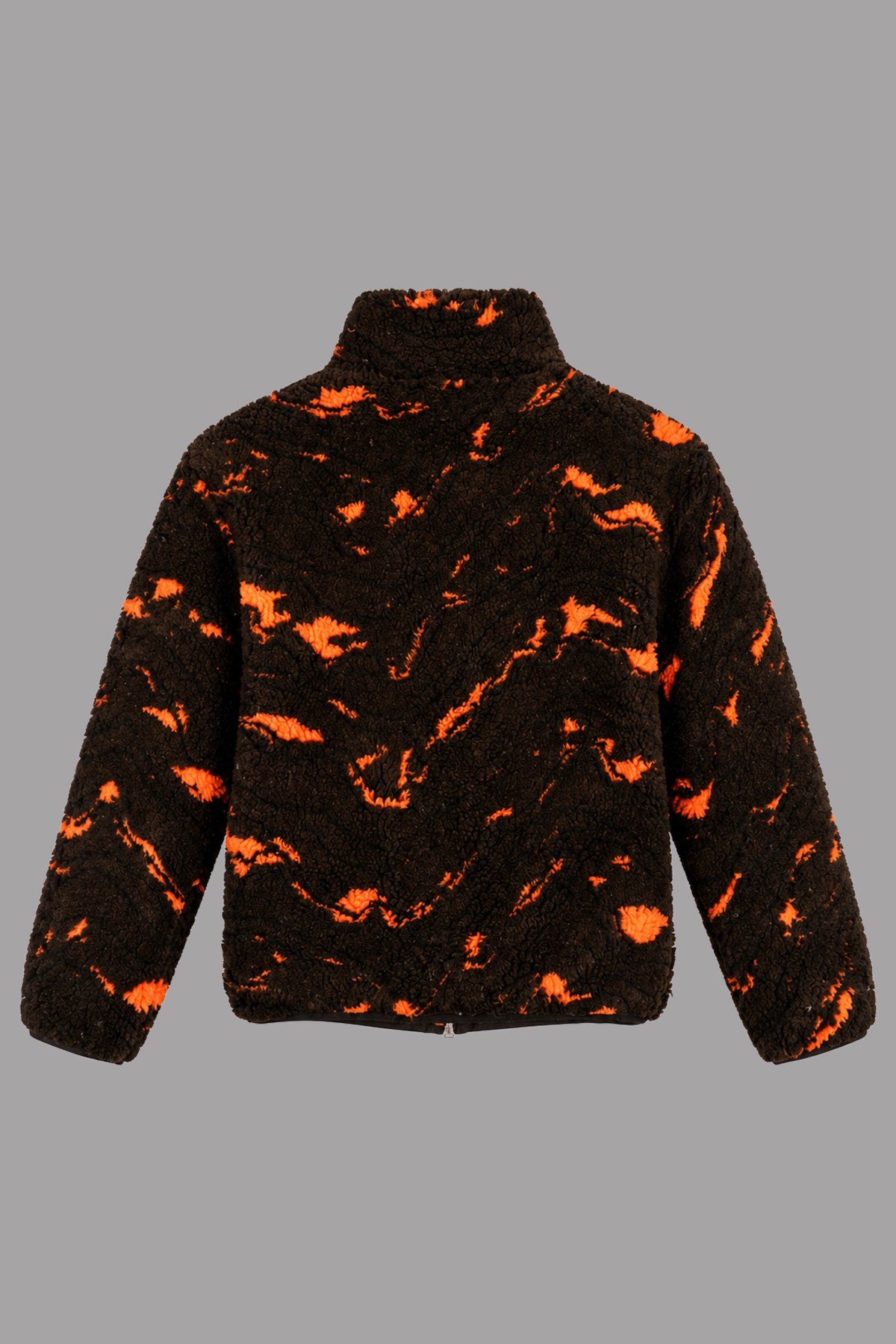 Unisex Siyah Neon Turuncu Soyut Desenli Peluş Mont – Dik Yaka, Fermuarlı, Oversize