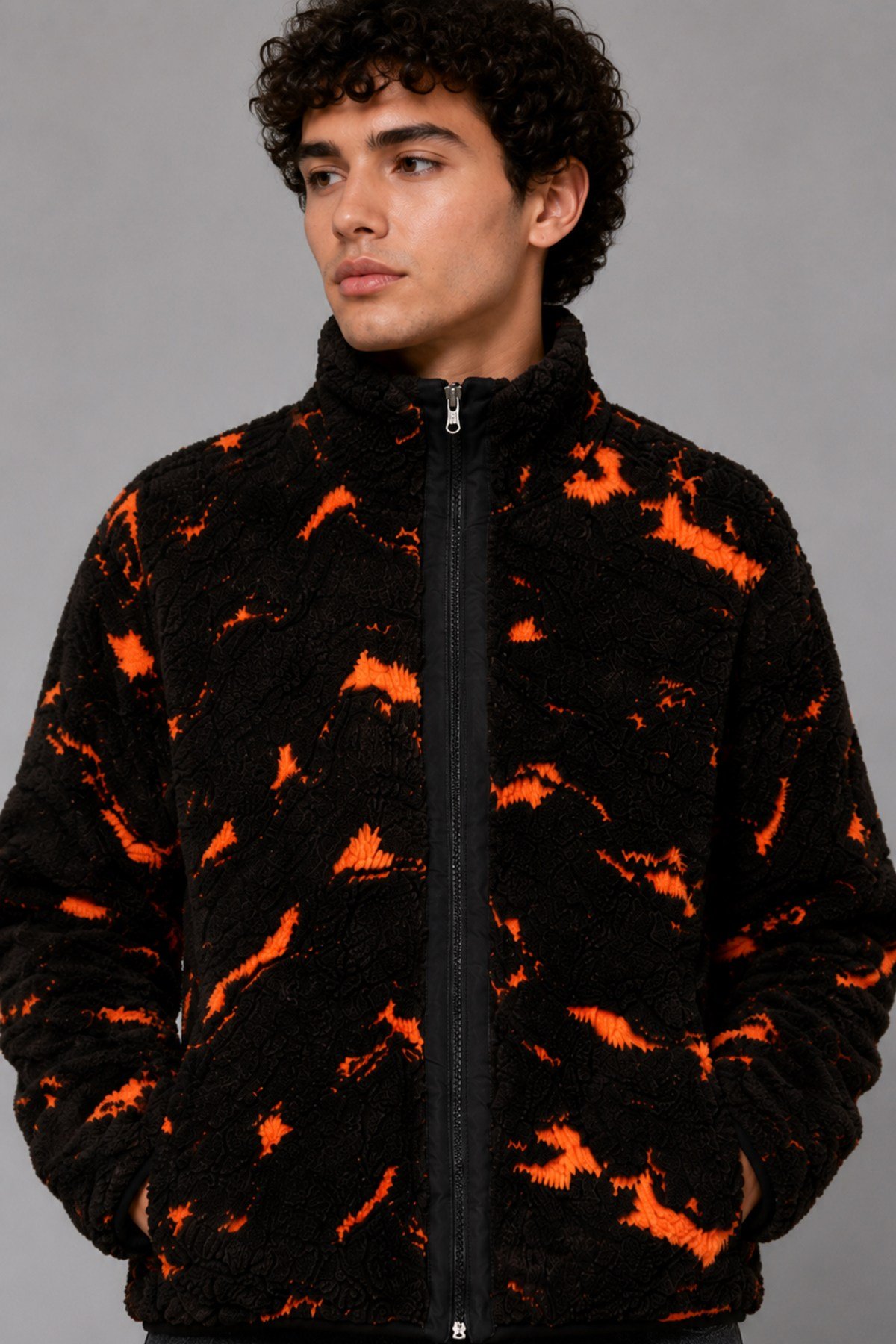 Unisex Siyah Neon Turuncu Soyut Desenli Peluş Mont – Dik Yaka, Fermuarlı, Oversize