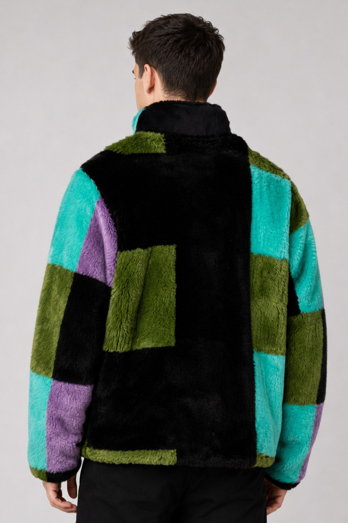 Unisex Siyah Yeşil Turkuaz Lila Color Block Desenli Peluş Mont – Dik Yaka, Fermuarlı, Çok Cepli, Oversize