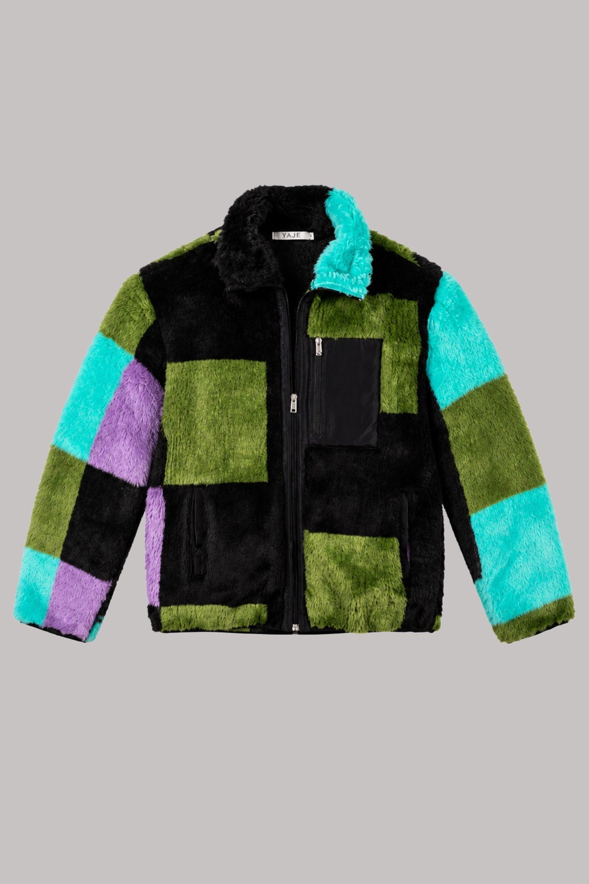 Unisex Siyah Yeşil Turkuaz Lila Color Block Desenli Peluş Mont – Dik Yaka, Fermuarlı, Çok Cepli, Oversize