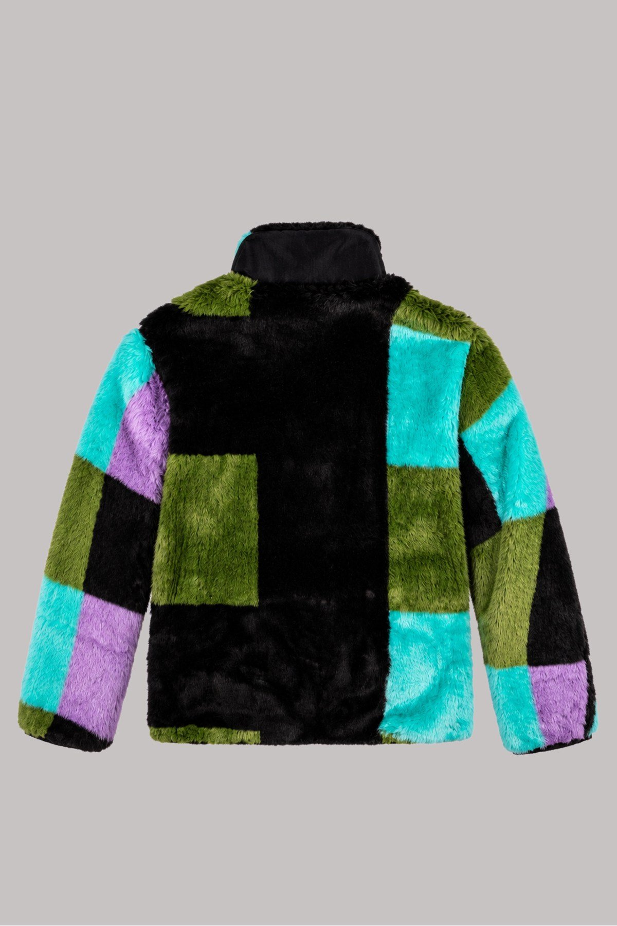 Unisex Siyah Yeşil Turkuaz Lila Color Block Desenli Peluş Mont – Dik Yaka, Fermuarlı, Çok Cepli, Oversize