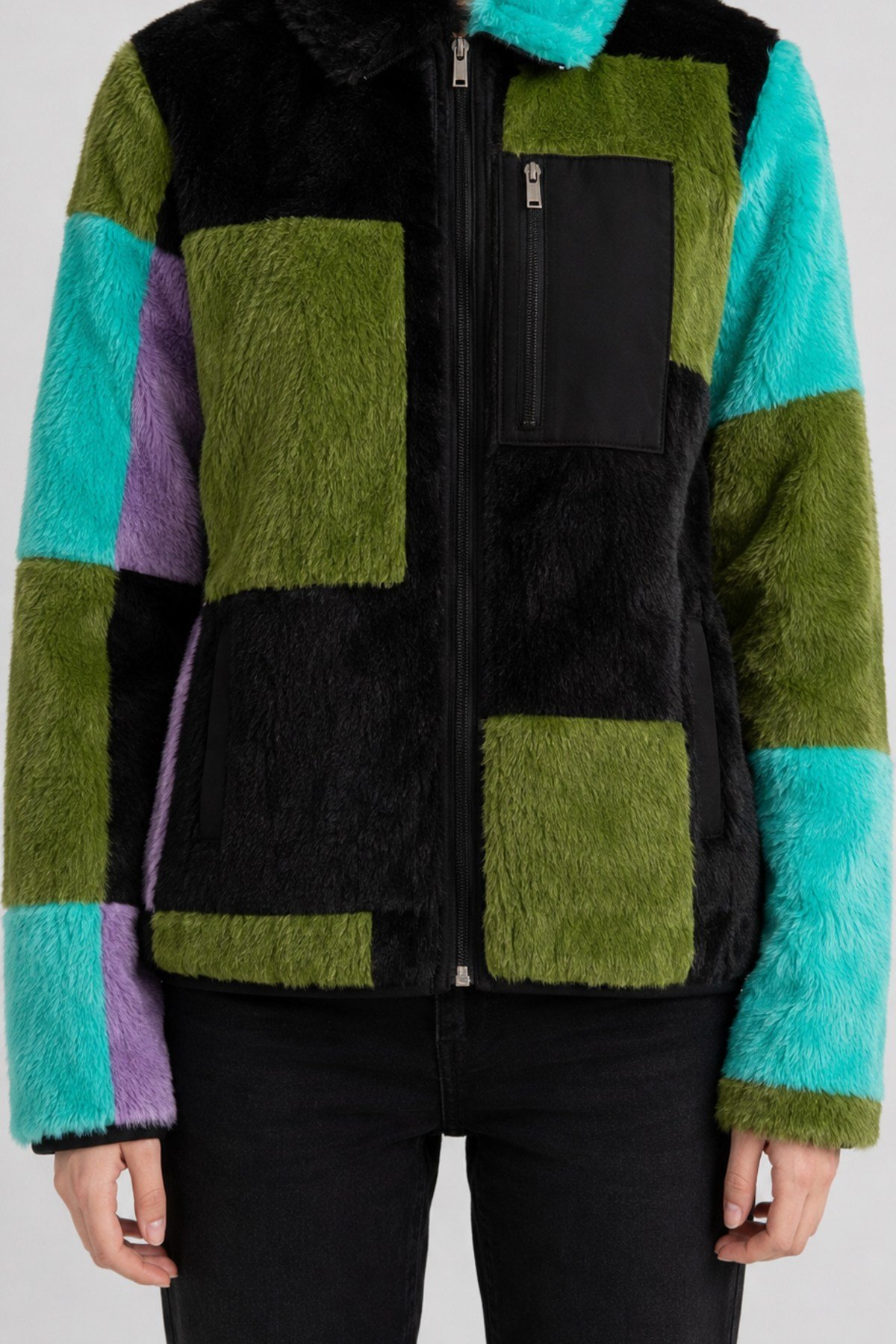 Unisex Siyah Yeşil Turkuaz Lila Color Block Desenli Peluş Mont – Dik Yaka, Fermuarlı, Çok Cepli, Oversize