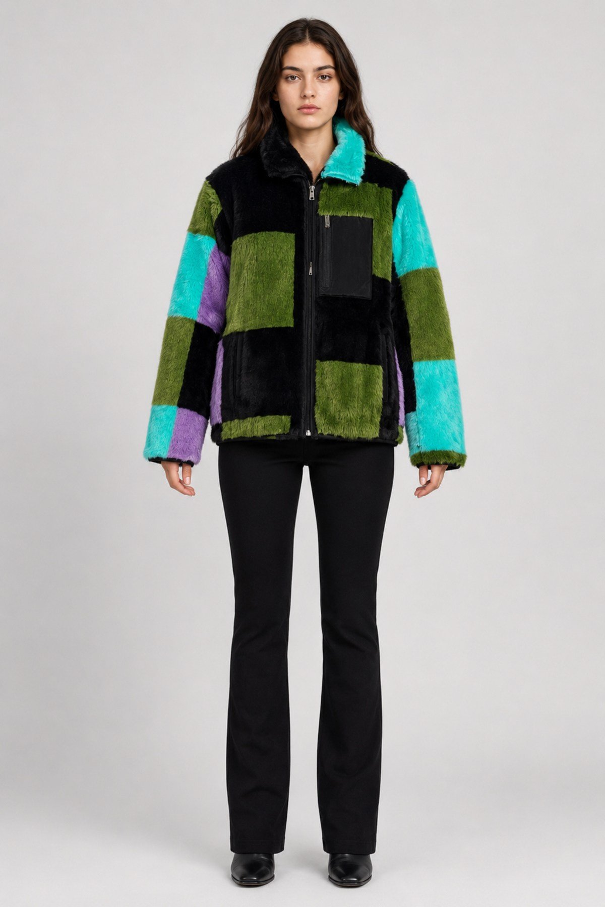 Unisex Siyah Yeşil Turkuaz Lila Color Block Desenli Peluş Mont – Dik Yaka, Fermuarlı, Çok Cepli, Oversize