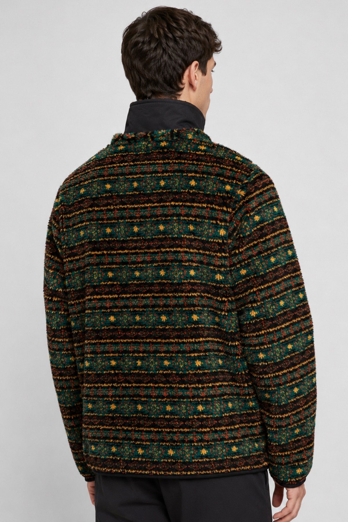 Unisex Yeşil Sarı Kiremit Etnik Desenli Peluş Mont – Dik Yaka, Fermuarlı, Çok Cepli, Oversize
