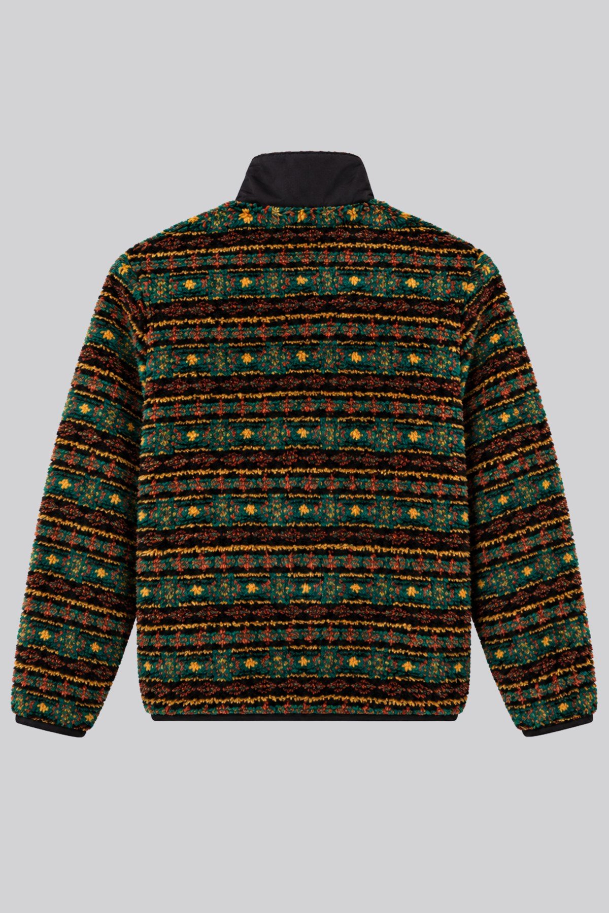 Unisex Yeşil Sarı Kiremit Etnik Desenli Peluş Mont – Dik Yaka, Fermuarlı, Çok Cepli, Oversize