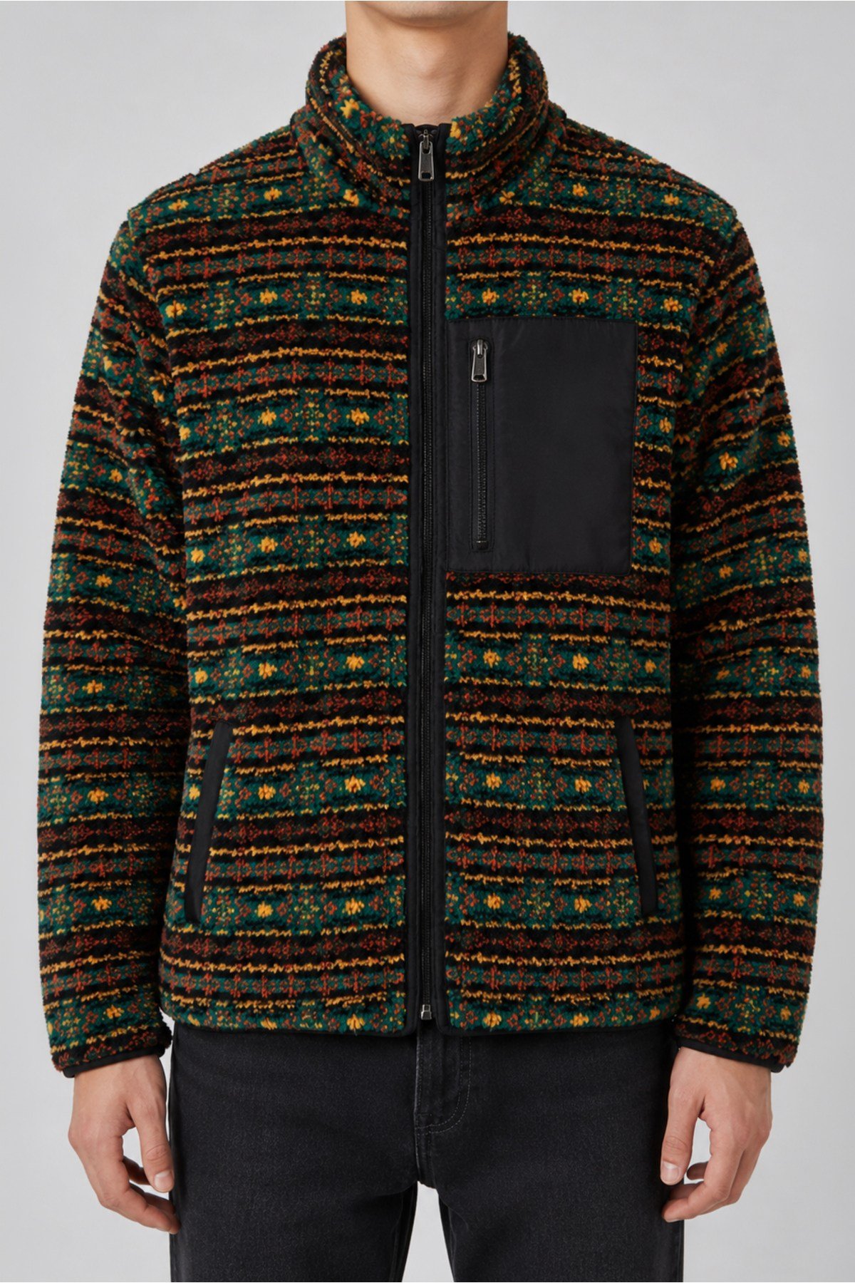 Unisex Yeşil Sarı Kiremit Etnik Desenli Peluş Mont – Dik Yaka, Fermuarlı, Çok Cepli, Oversize