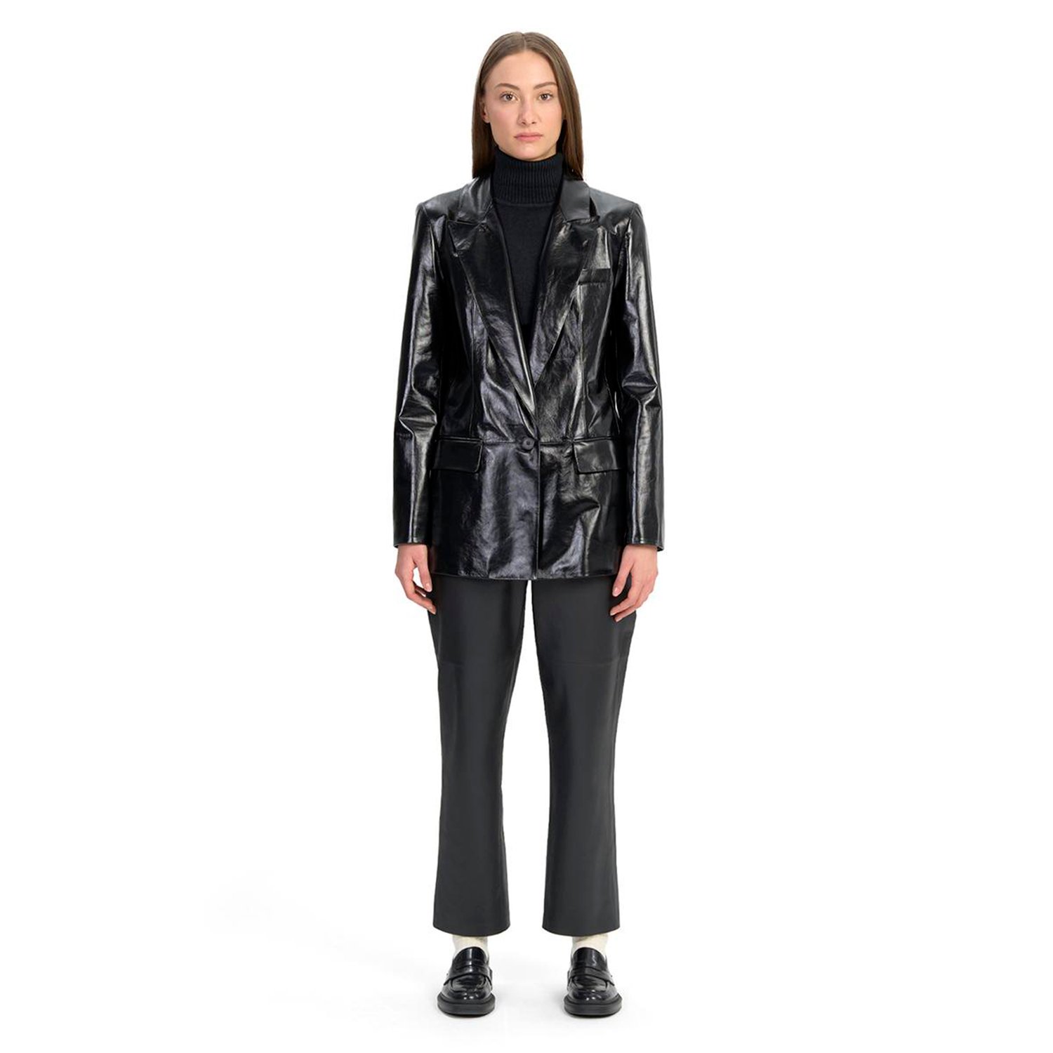 Minira Siyah Deri Blazer Ceket