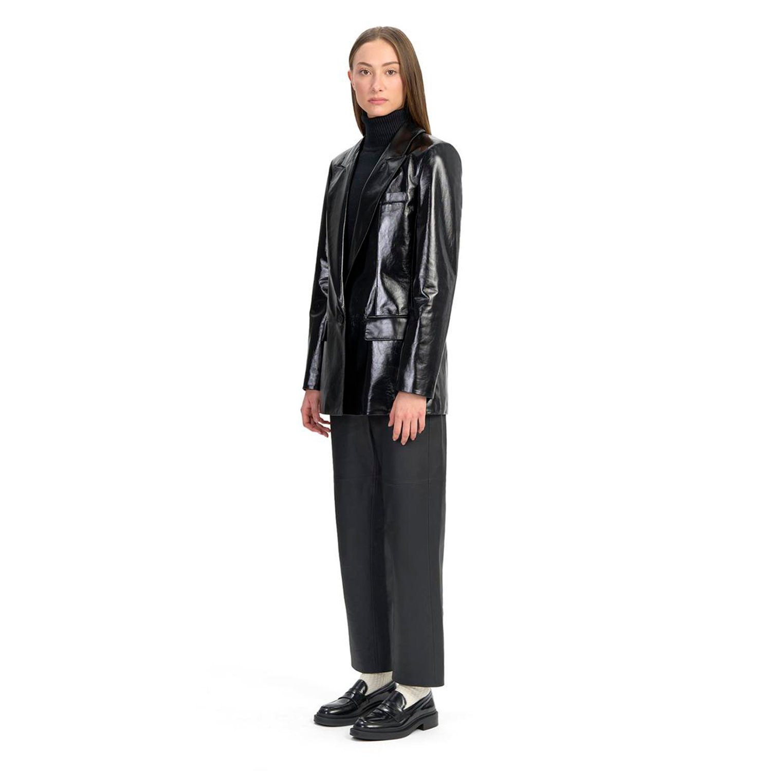 Minira Siyah Deri Blazer Ceket