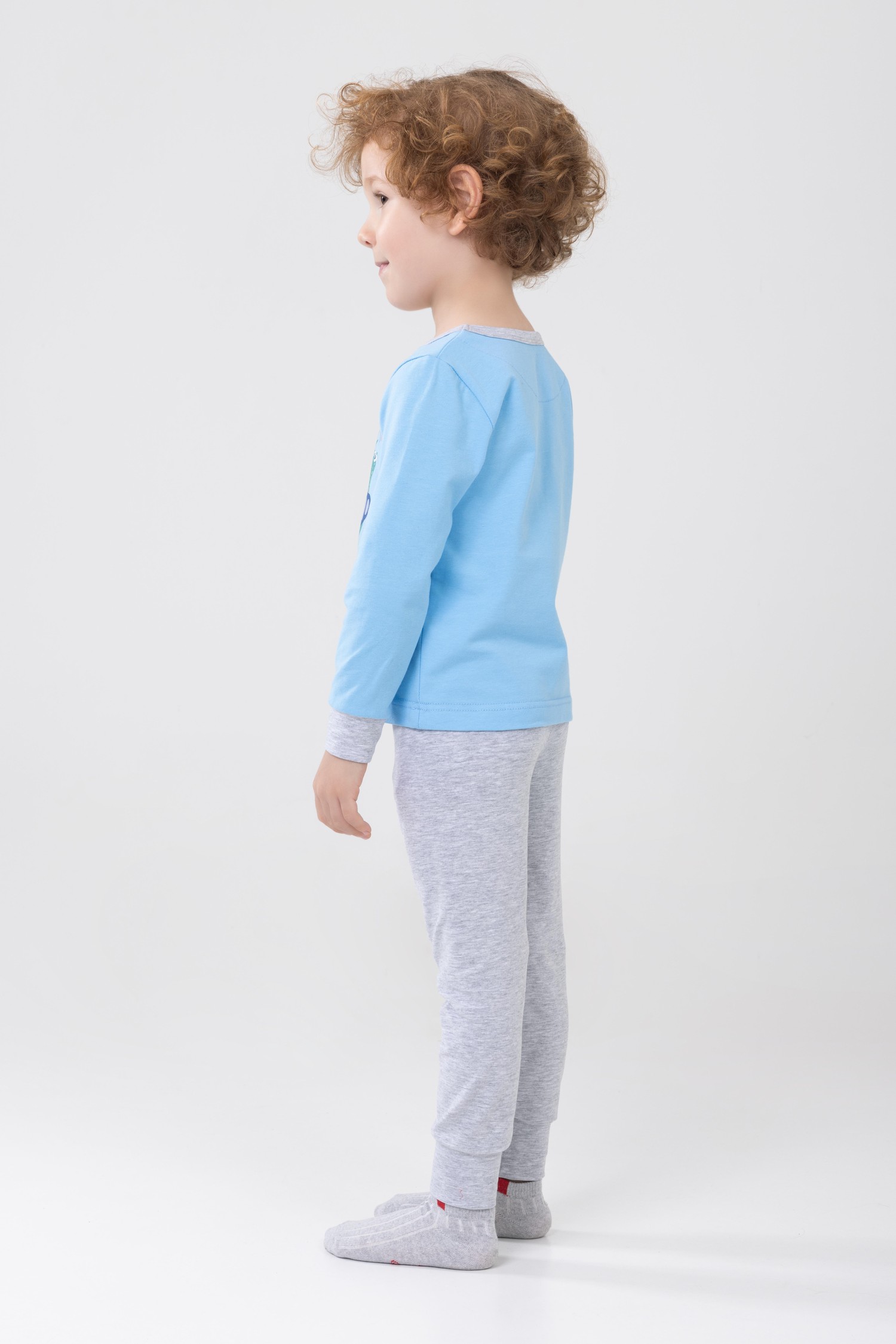 Erkek Çocuk Pamuklu Baskılı Bisiklet Yaka Uzun Kollu Manşetli Pijama Takımı 9602-1 Açık Mavi
