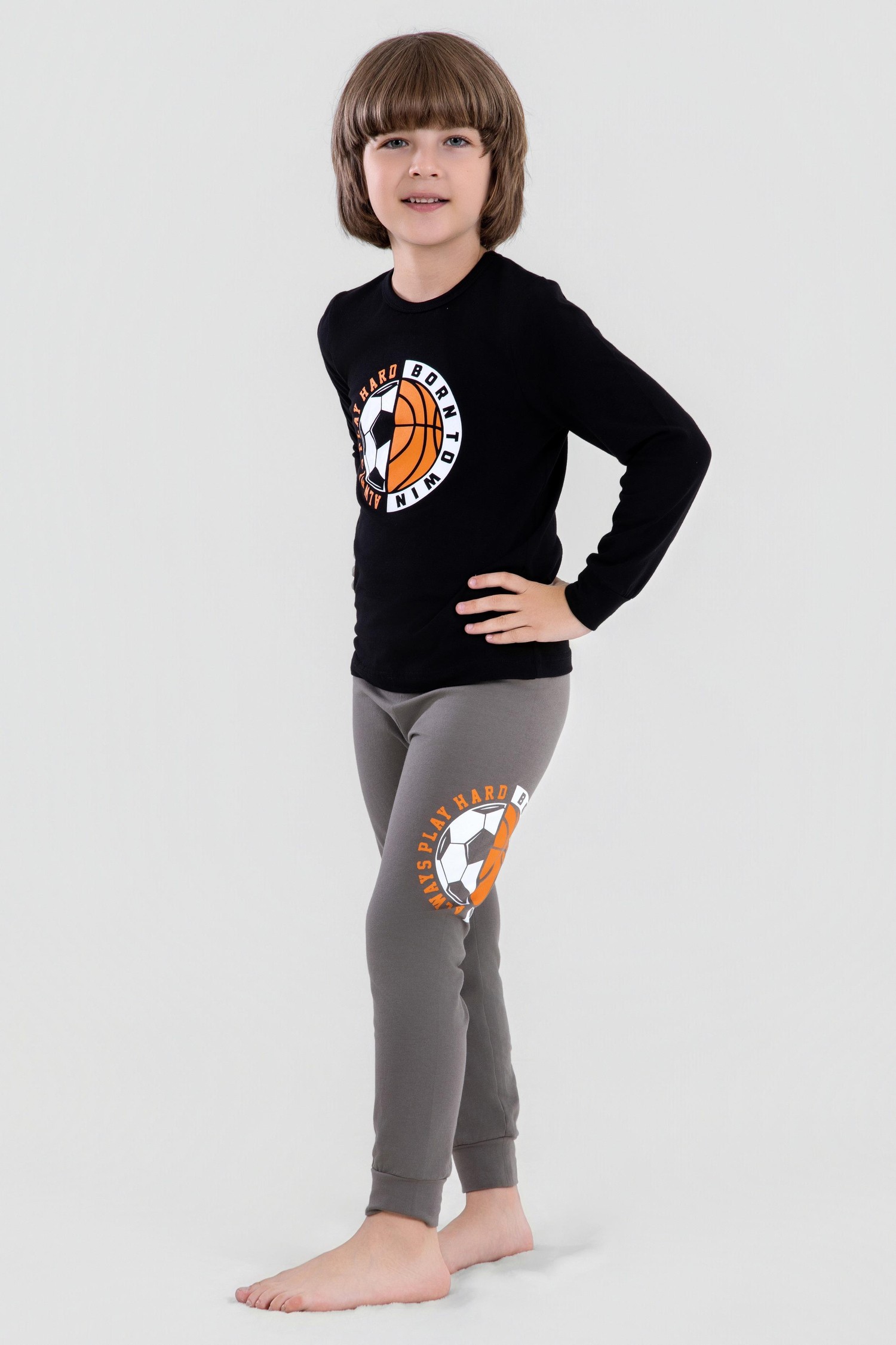 Erkek Çocuk Pamuklu Bisiklet Yaka Top Baskılı Uzun Kollu Pijama Takımı 9621-1 Siyah