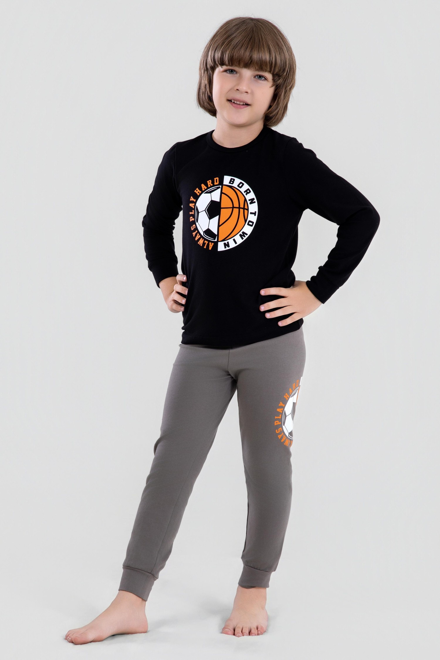Erkek Çocuk Pamuklu Bisiklet Yaka Top Baskılı Uzun Kollu Pijama Takımı 9621-1 Siyah