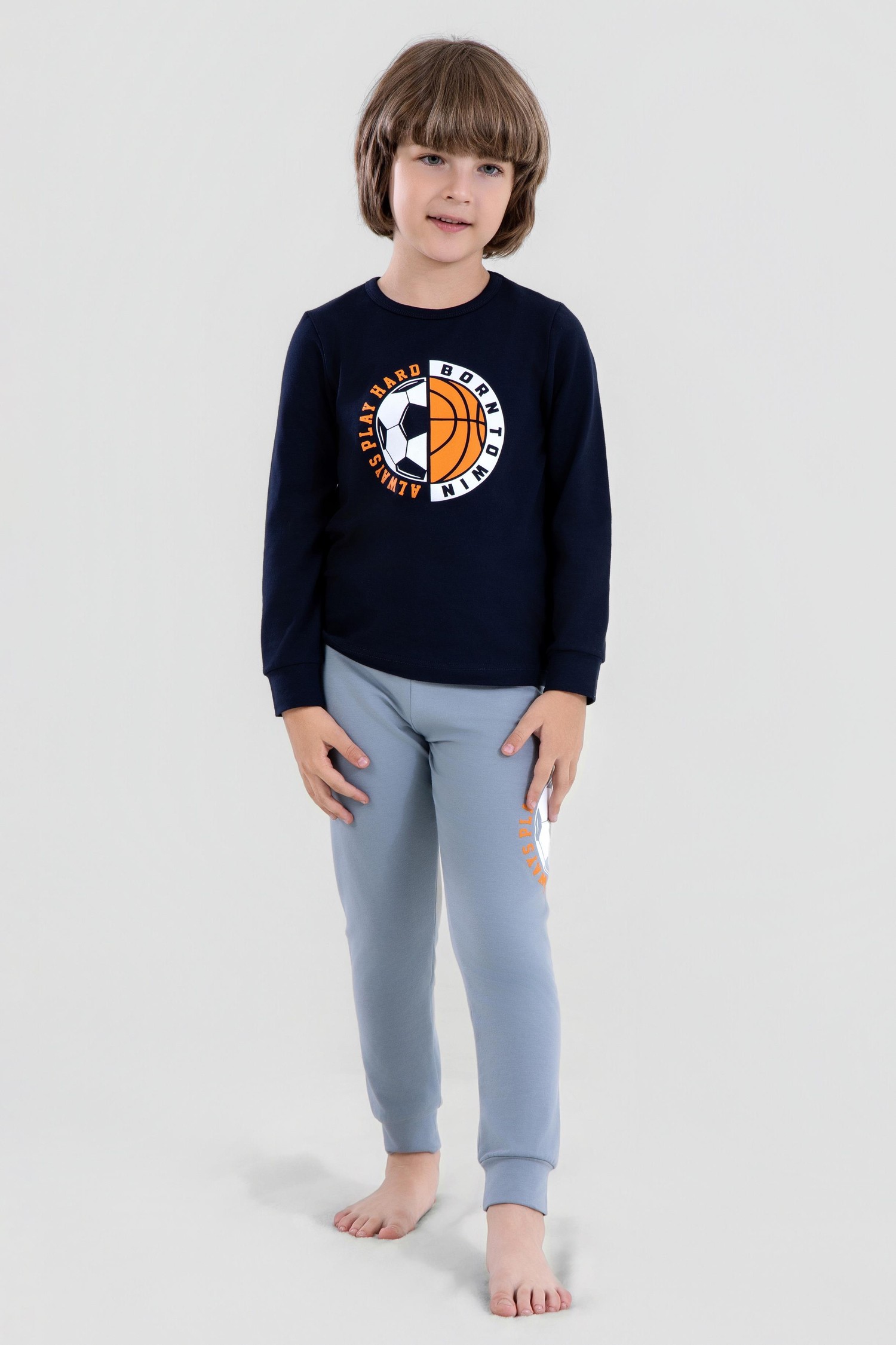 Erkek Çocuk Pamuklu Bisiklet Yaka Top Baskılı Uzun Kollu Pijama Takımı 9621-1 Mavi
