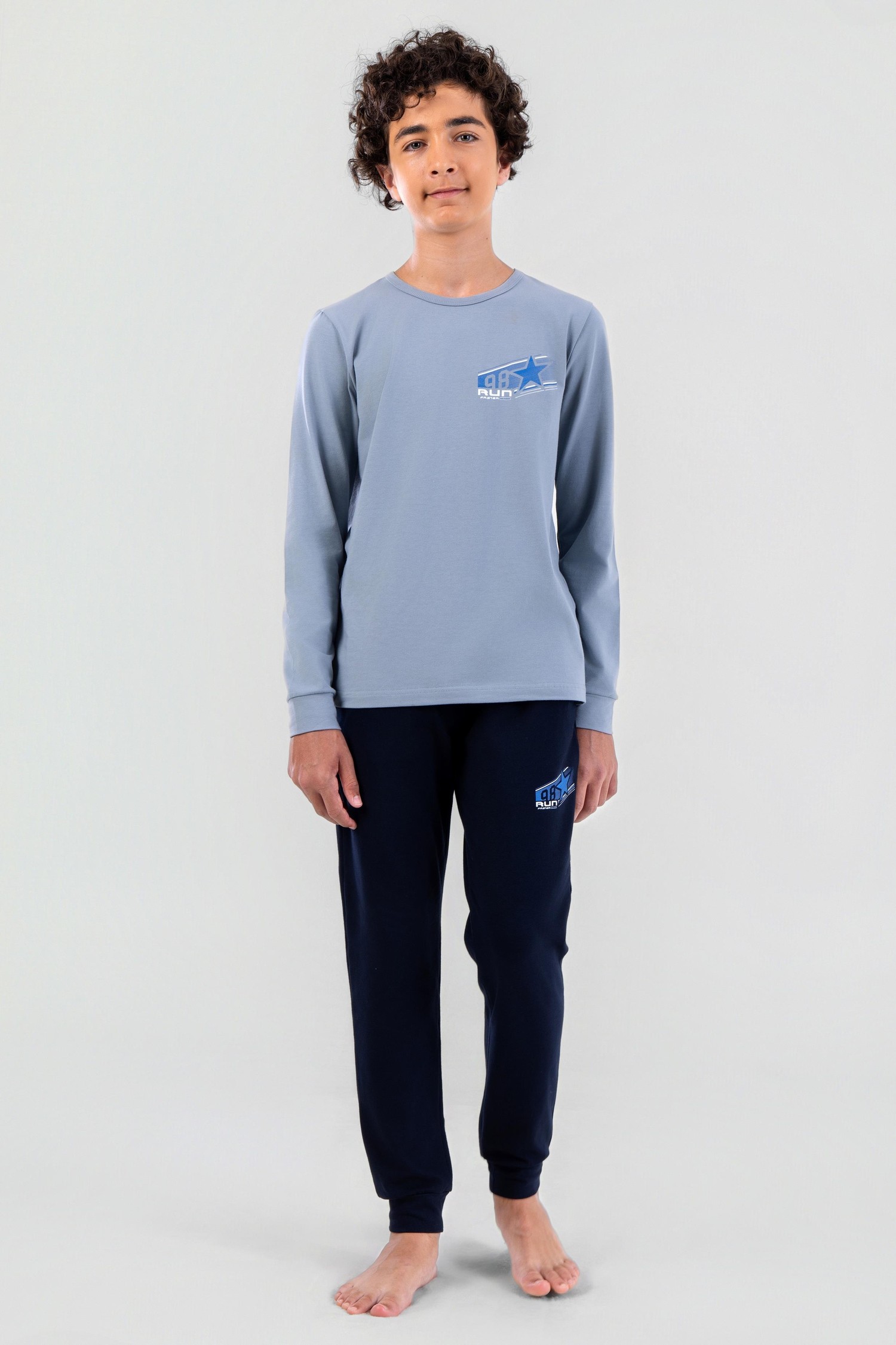 Genç Erkek Çocuk Pamuklu Bisiklet Yaka Uzun Kollu Pijama Takımı 9624-1 Mavi