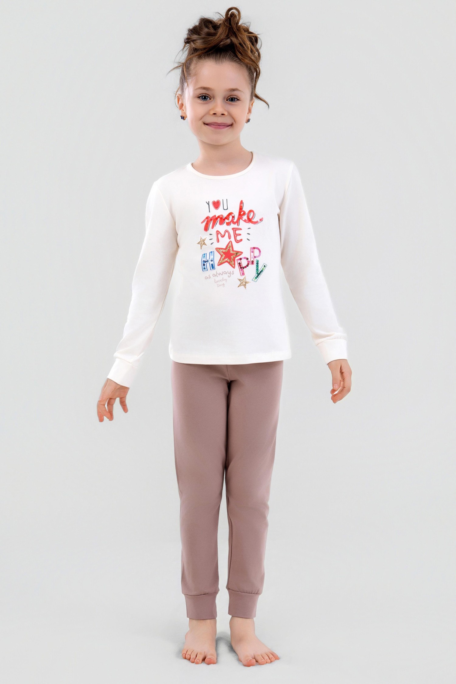 Kız Çocuk Pamuklu Bisiklet Yaka Happy Baskılı Uzun Kollu Pijama Takımı 9249 VIZON