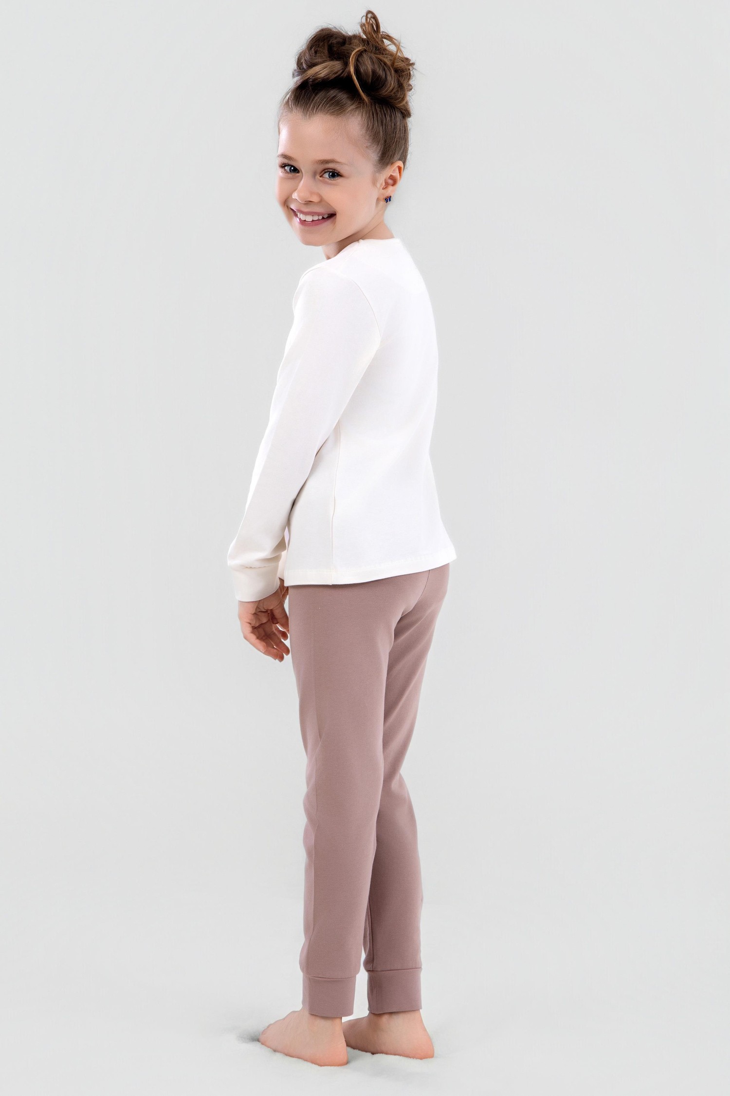Kız Çocuk Pamuklu Bisiklet Yaka Happy Baskılı Uzun Kollu Pijama Takımı 9249 VIZON