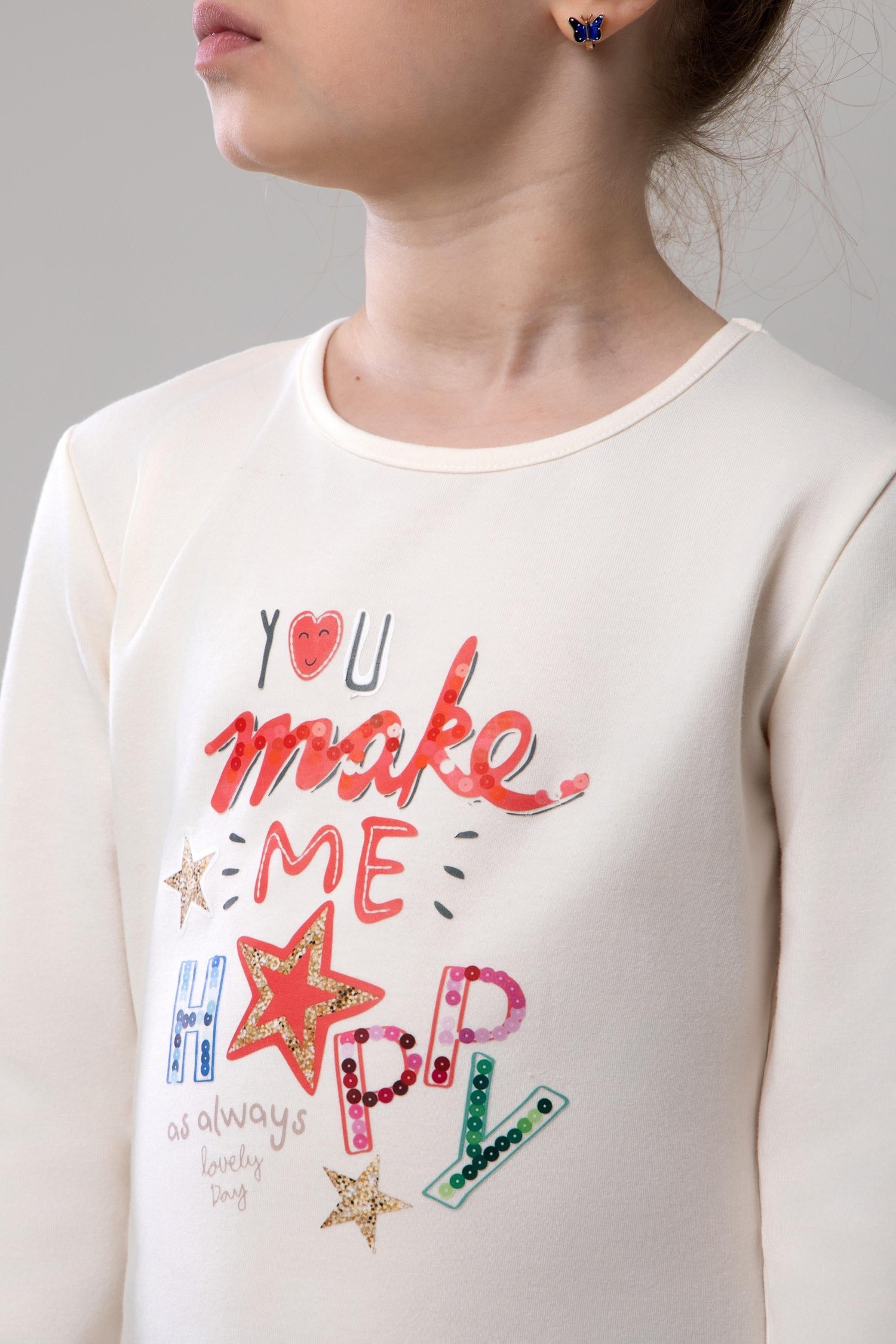 Kız Çocuk Pamuklu Bisiklet Yaka Happy Baskılı Uzun Kollu Pijama Takımı 9249 VIZON