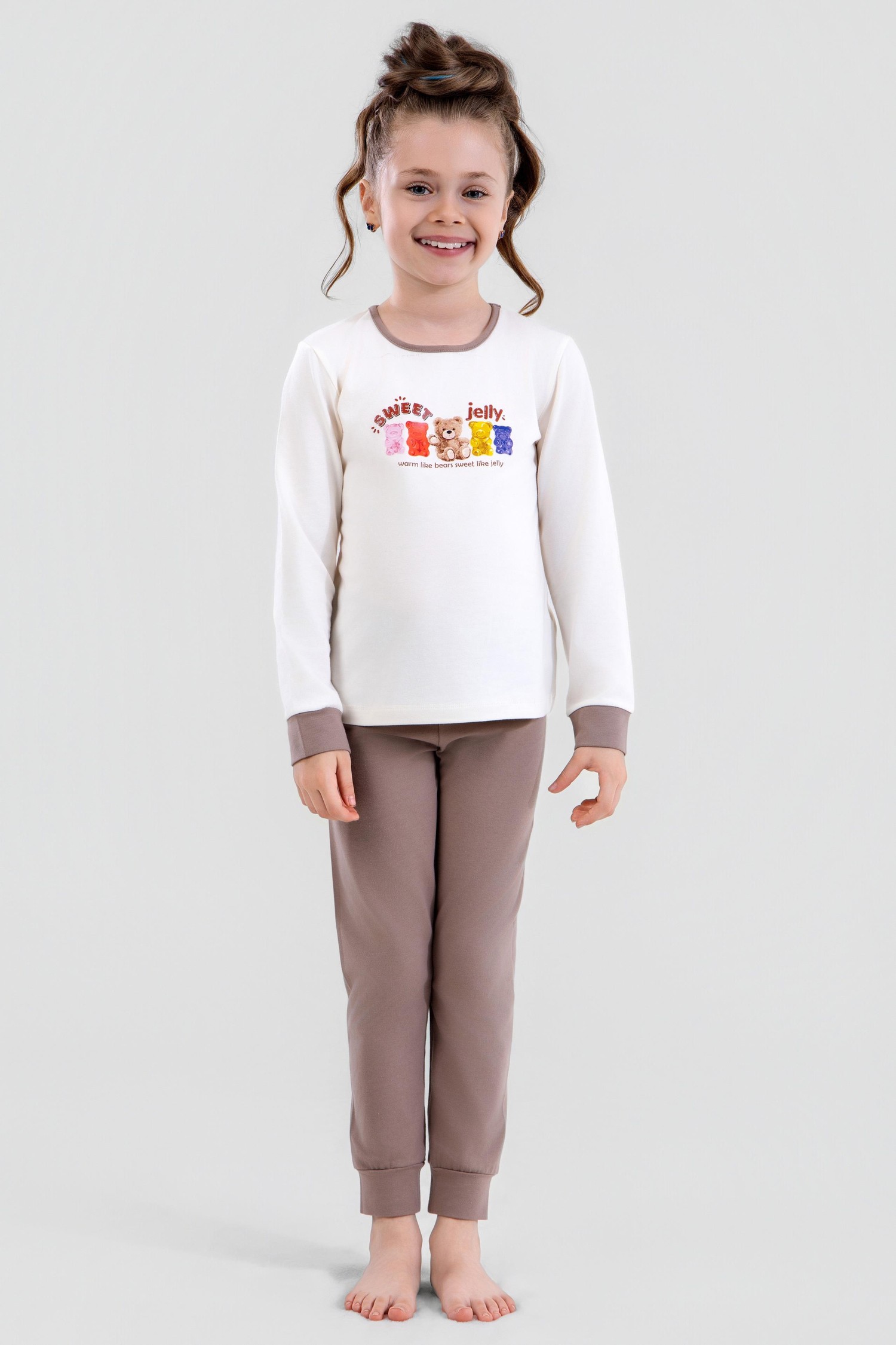 Kız Çocuk Pamuklu Bisiklet Yaka Jelly Ayıcık Baskılı Uzun Kollu Pijama Takımı 9250 VIZON