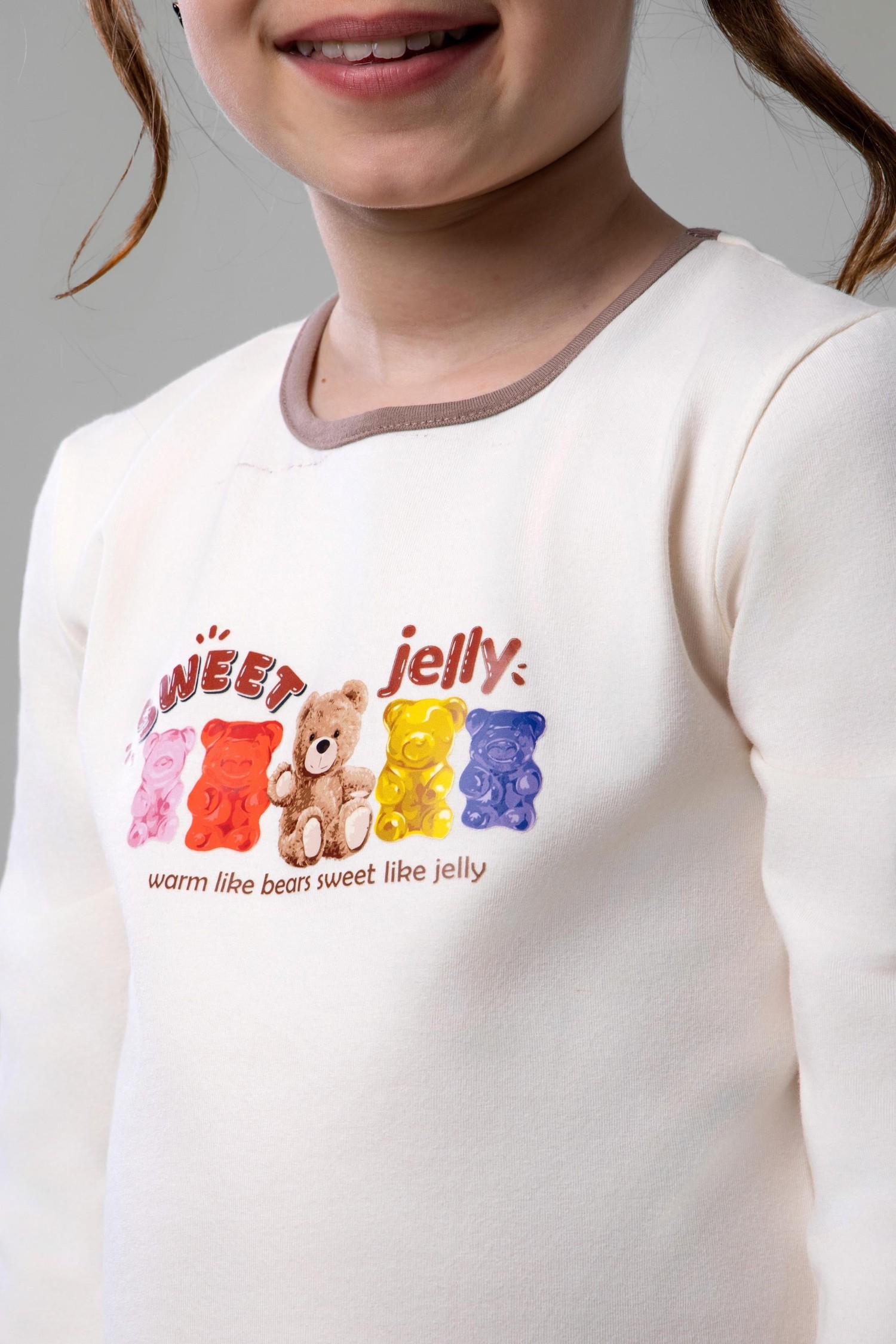 Kız Çocuk Pamuklu Bisiklet Yaka Jelly Ayıcık Baskılı Uzun Kollu Pijama Takımı 9250 VIZON