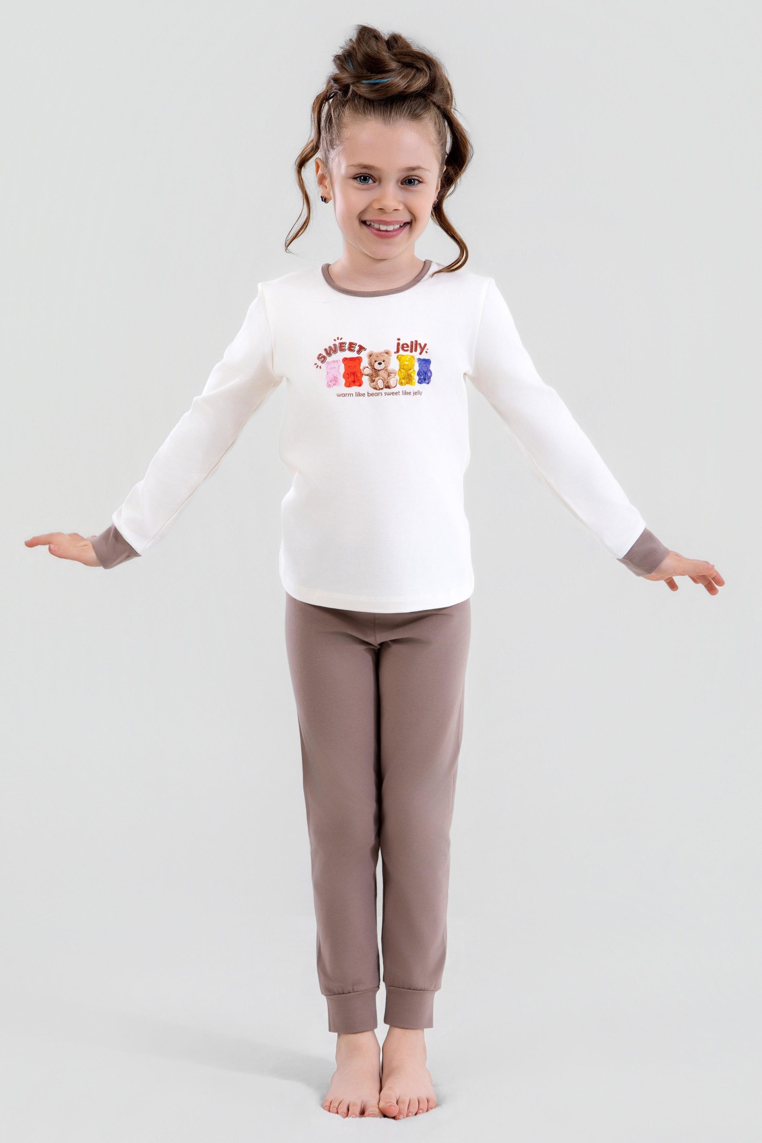 Kız Çocuk Pamuklu Bisiklet Yaka Jelly Ayıcık Baskılı Uzun Kollu Pijama Takımı 9250 VIZON