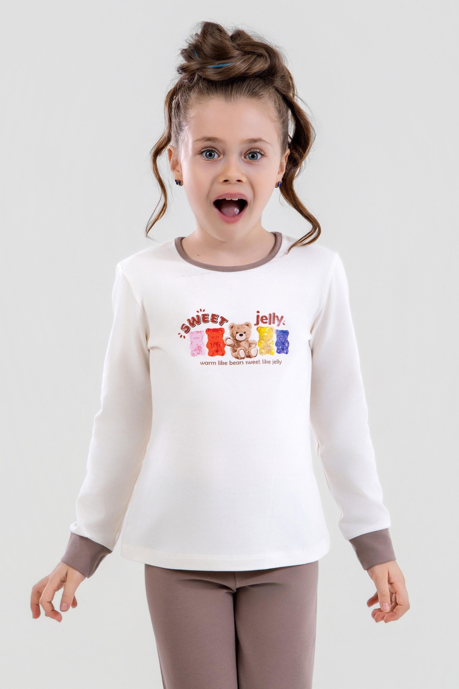 Kız Çocuk Pamuklu Bisiklet Yaka Jelly Ayıcık Baskılı Uzun Kollu Pijama Takımı 9250 VIZON