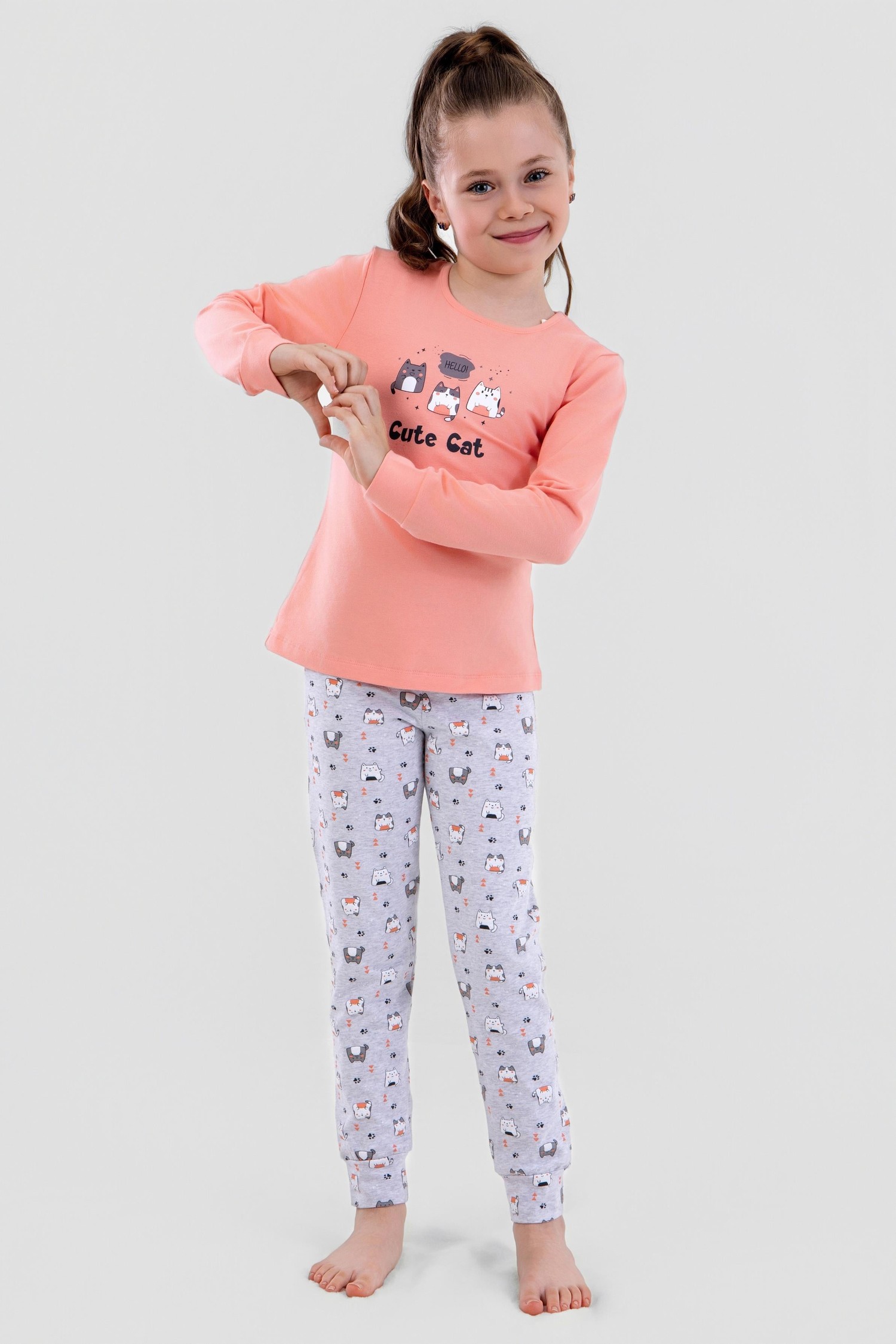 Kız Çocuk Pamuklu Bisiklet Yaka Kedi Baskılı Uzun Kollu Pijama Takımı 9248 Koyu Somon