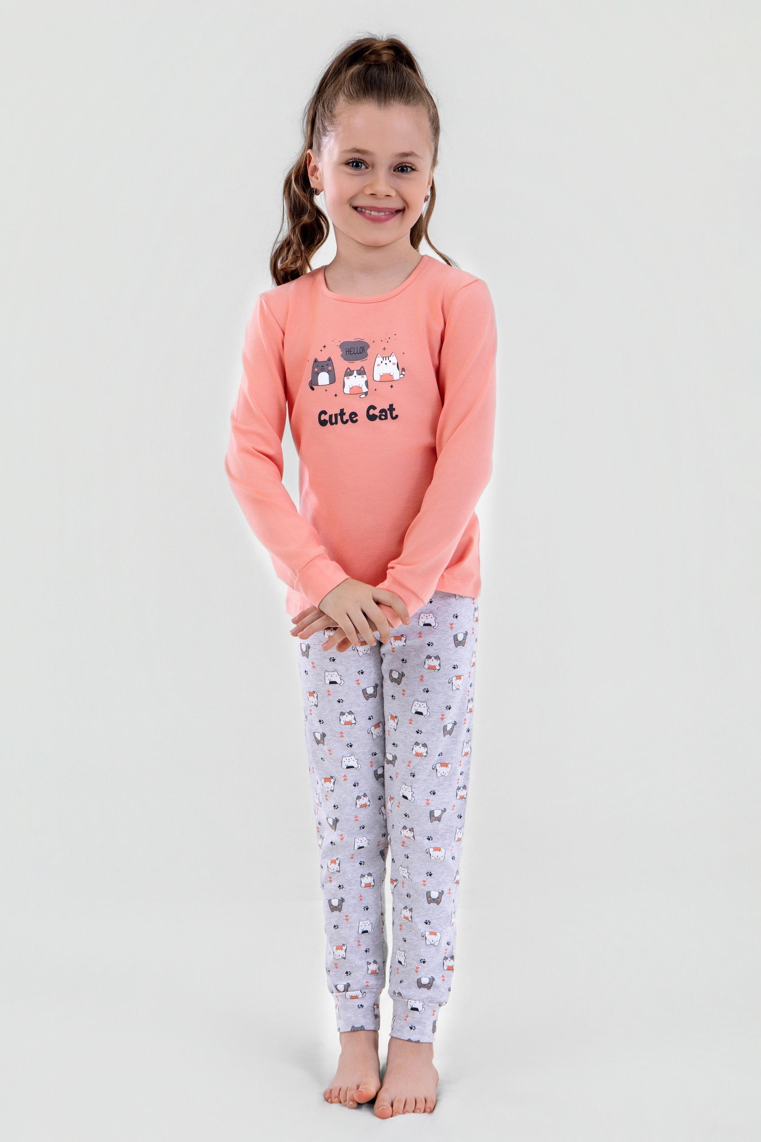 Kız Çocuk Pamuklu Bisiklet Yaka Kedi Baskılı Uzun Kollu Pijama Takımı 9248 Koyu Somon