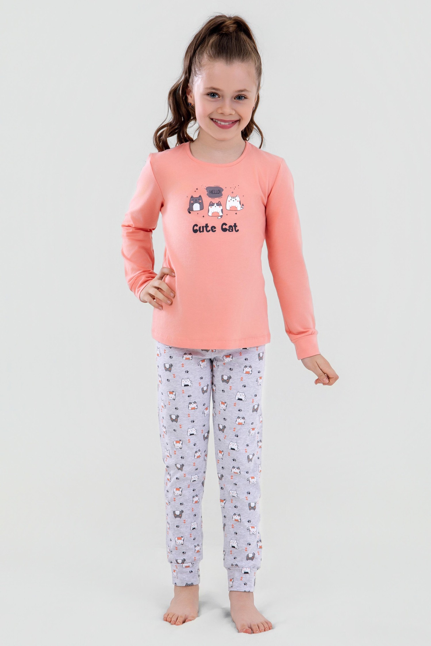 Kız Çocuk Pamuklu Bisiklet Yaka Kedi Baskılı Uzun Kollu Pijama Takımı 9248 Koyu Somon