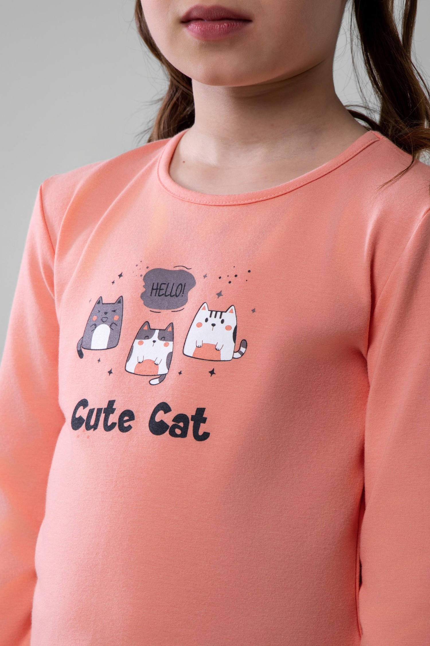 Kız Çocuk Pamuklu Bisiklet Yaka Kedi Baskılı Uzun Kollu Pijama Takımı 9248 Koyu Somon