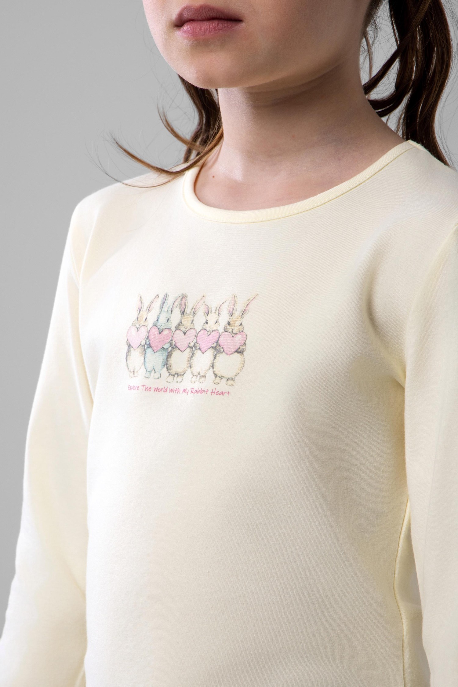 Kız Çocuk Pamuklu Bisiklet Yaka Tavşan Baskılı Uzun Kollu Pijama Takımı 9246 Lila