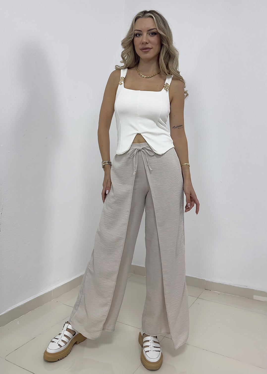 Bağcıklı Bel Detaylı Krep Anvelop Pantolon - Taş