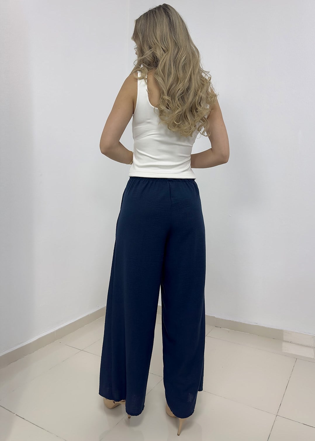 Bağcıklı Bel Detaylı Krep Anvelop Pantolon - Lacivert
