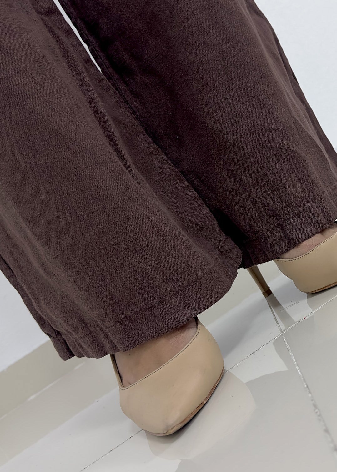 Beli Lastikli İpli Bol Paça Keten Pantolon - Kahverengi