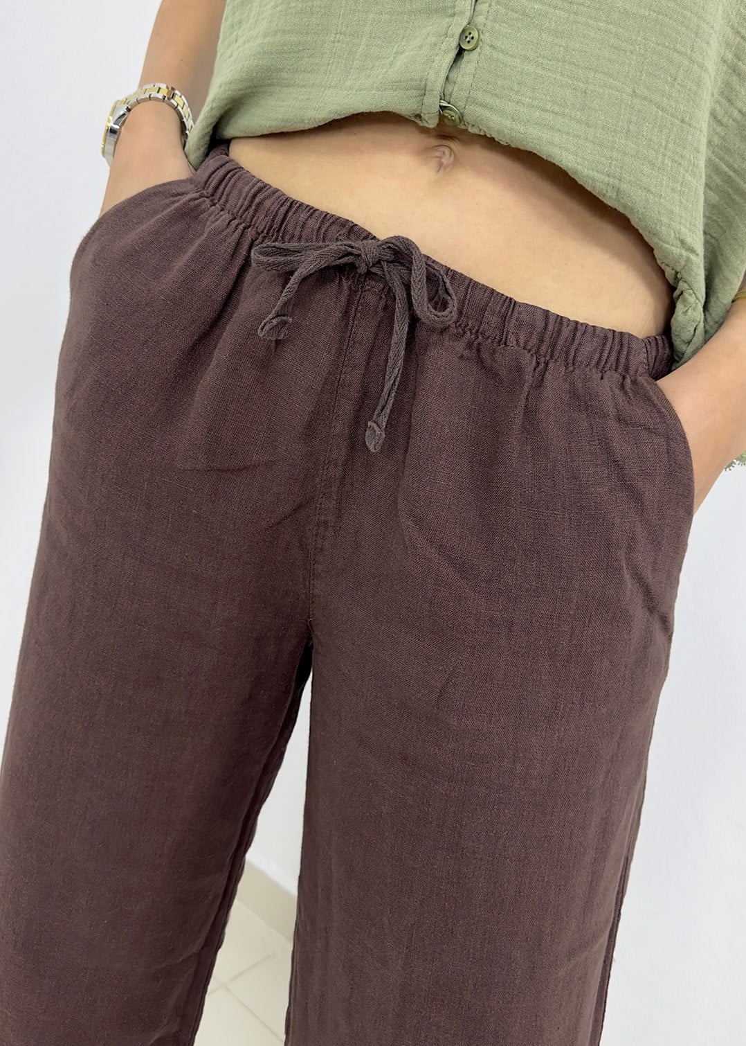 Beli Lastikli İpli Bol Paça Keten Pantolon - Kahverengi